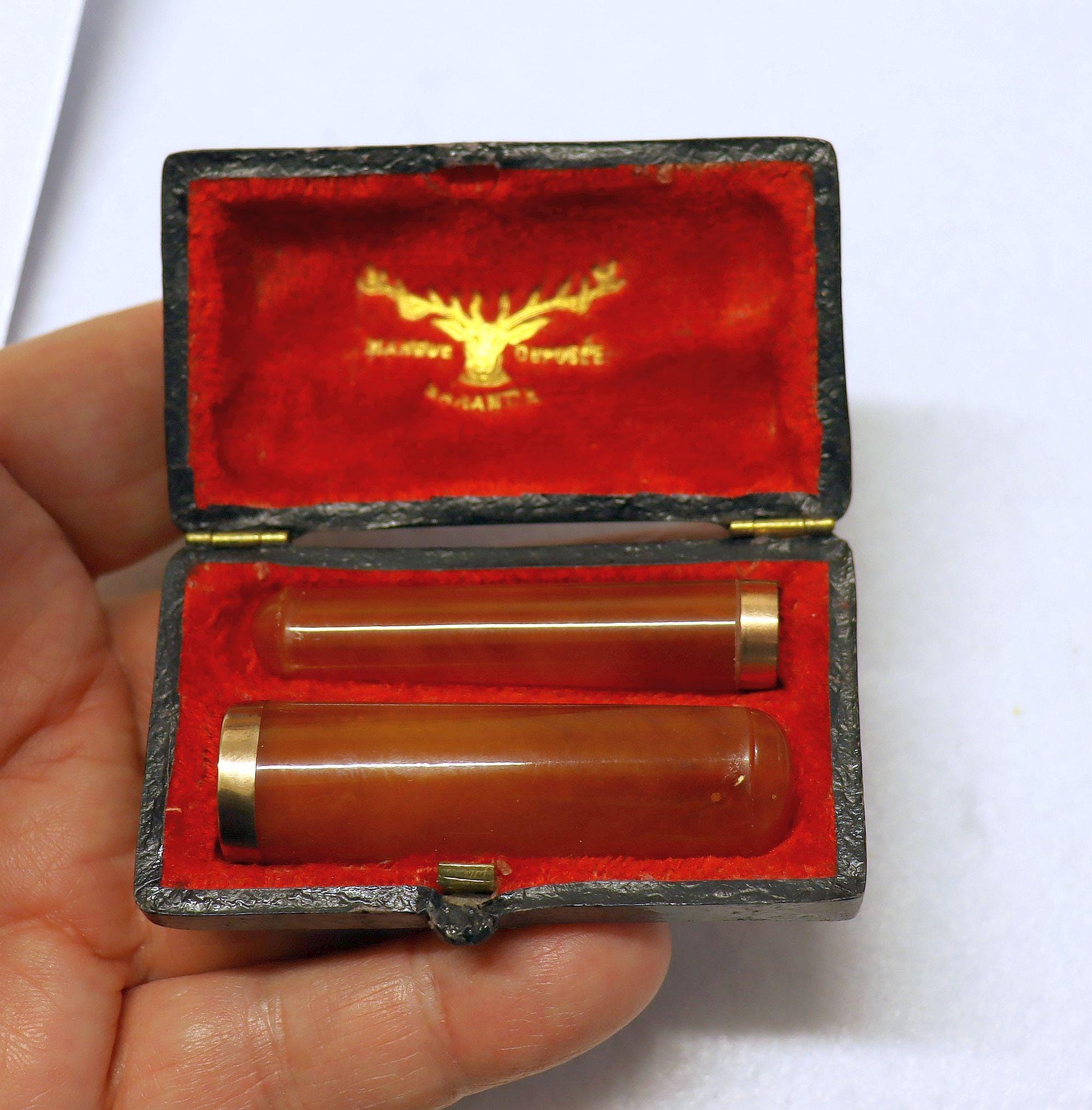 Vintage Early 1900's Butterscotch Amber w 18 K. Gold Rim, Cased Set Cigar & Cigarette Holders - UNUSED - New Old Stock