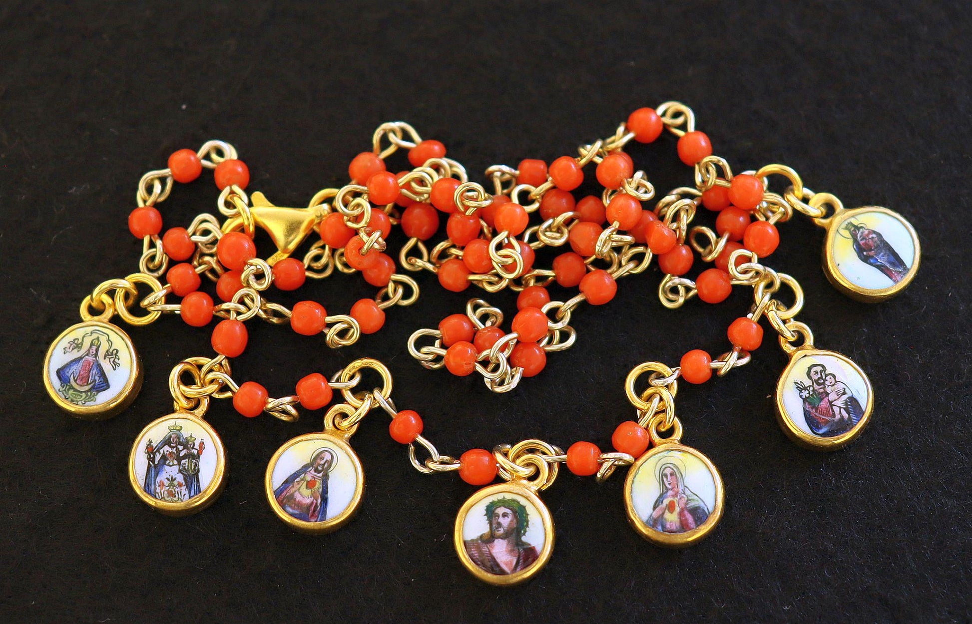 Genuine Coral Vermeil Rosary Necklace with Hand Painted Enameled Medals