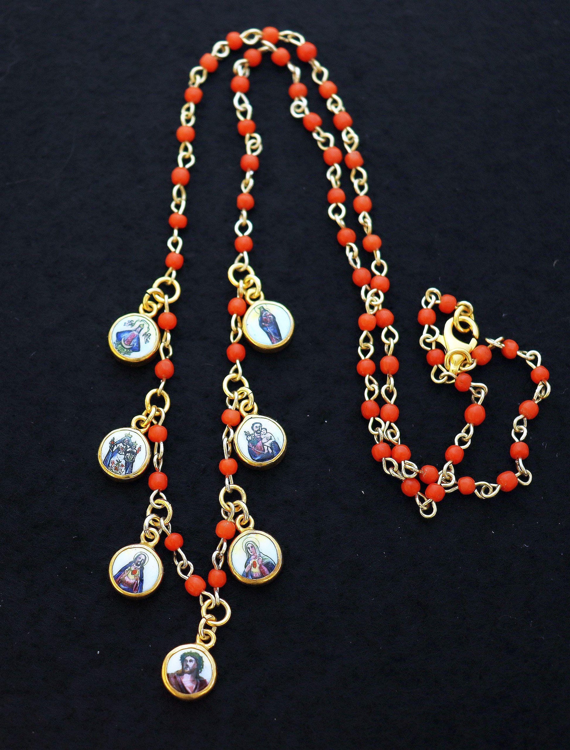Genuine Coral & Vermeil Rosary Necklace w 7 Vintage Hand Painted Miniature Enameled Medals of Extreme Rarity