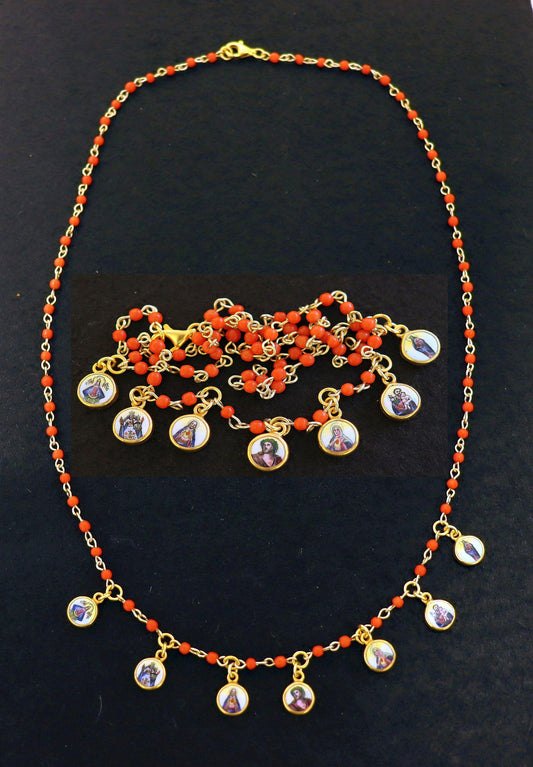 Genuine Coral & Vermeil Rosary Necklace w 7 Vintage Hand Painted Miniature Enameled Medals of Extreme Rarity