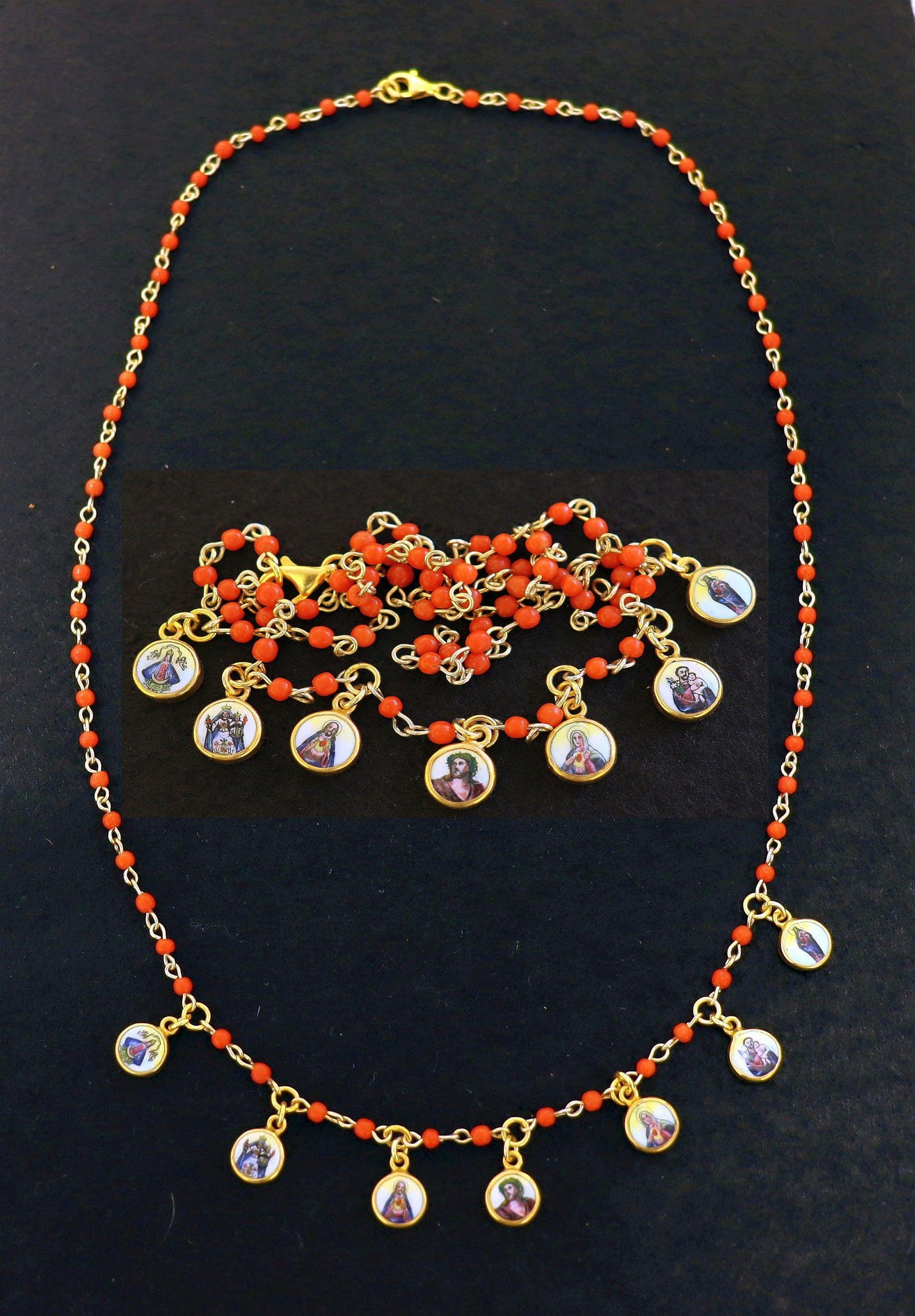 Genuine Coral Vermeil Rosary Necklace with Hand Painted Enameled Medals
