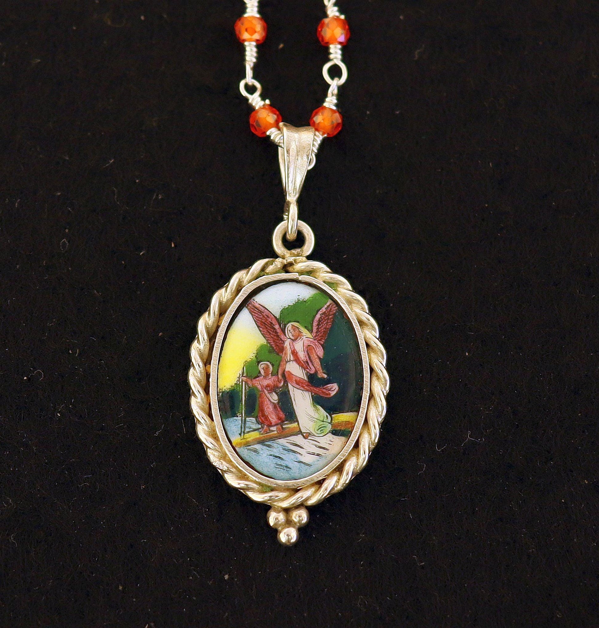 Guardian Angel Medal Hand Painted Miniature Vintage in Hand made Sterling Silver Frame w Faceted Carnelian Rosary Sterling Chain- V.Rare