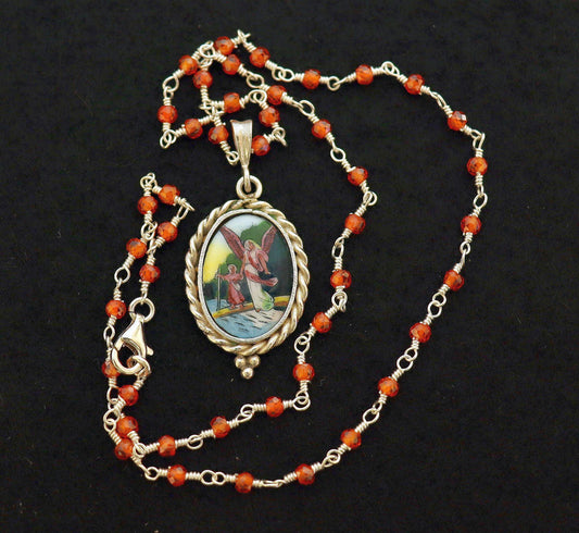 Guardian Angel Medal Hand Painted Miniature Vintage in Hand made Sterling Silver Frame w Faceted Carnelian Rosary Sterling Chain- V.Rare