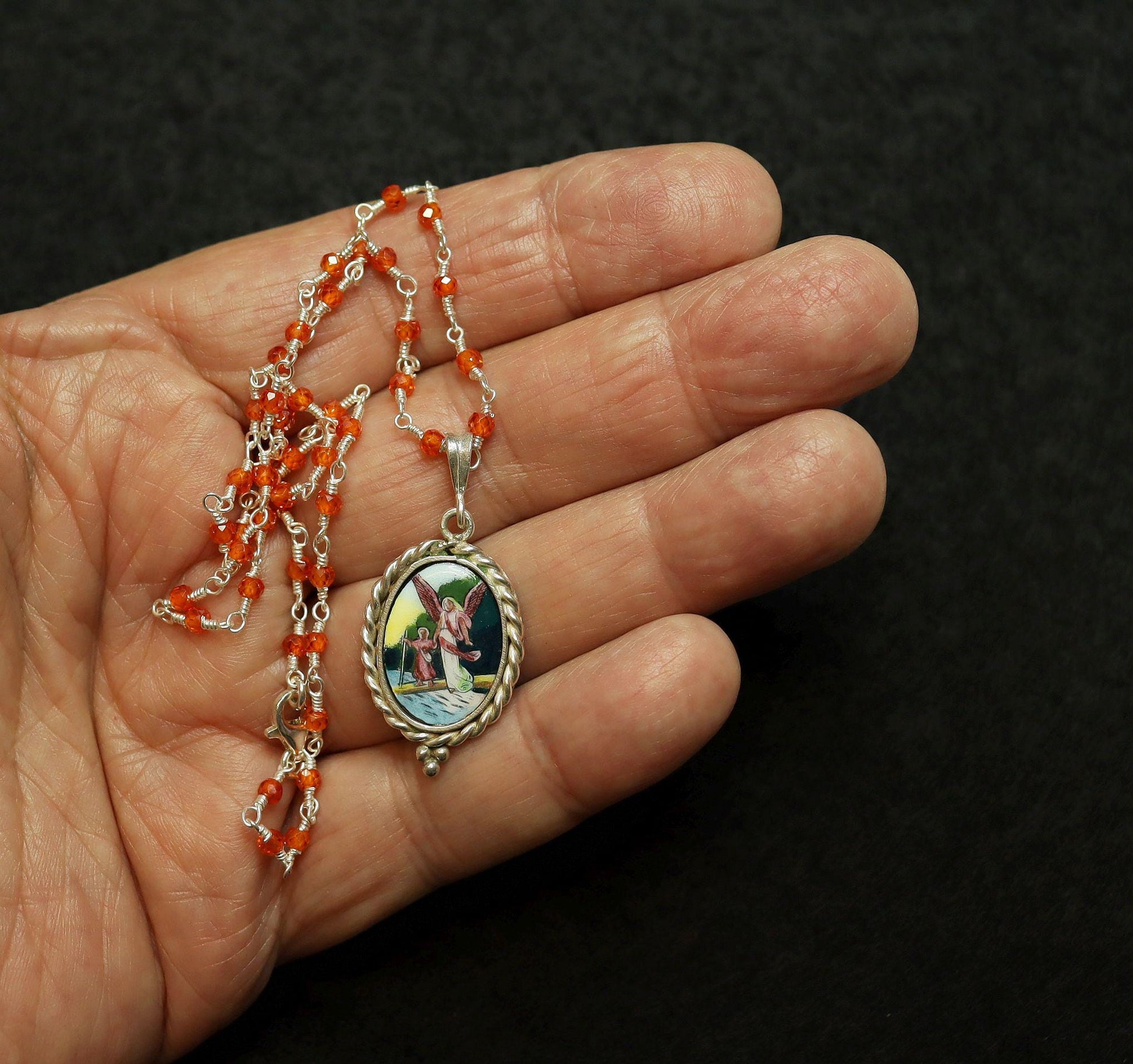Vintage Guardian Angel Medal: Hand-Painted Porcelain, Sterling Silver Frame, Carnelian Rosary Chain
