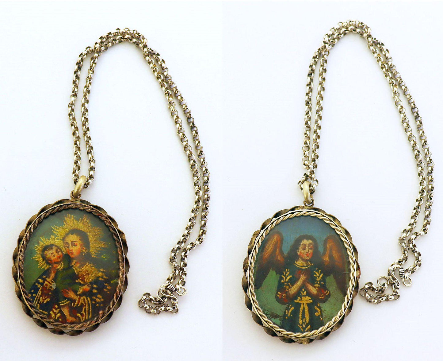 19th Cent. Cuzco School 2 sided Oil Miniature Medal w Sterling Silver Chain Our Lady Mary and Child - Archangel Gabriel - Extreme Rarity