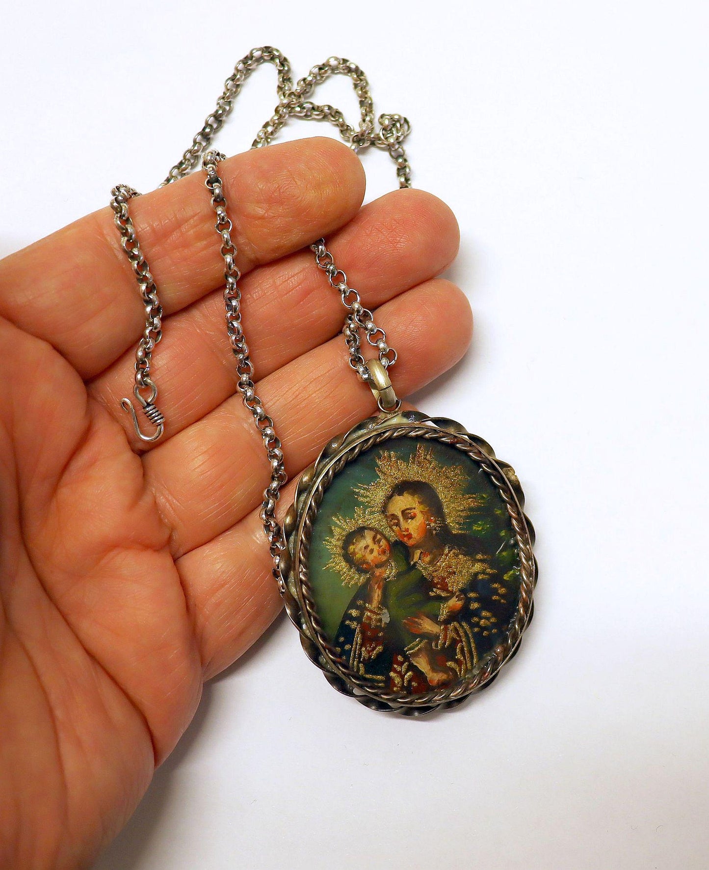 19th Cent. Cuzco School 2 sided Oil Miniature Medal w Sterling Silver Chain Our Lady Mary and Child - Archangel Gabriel - Extreme Rarity