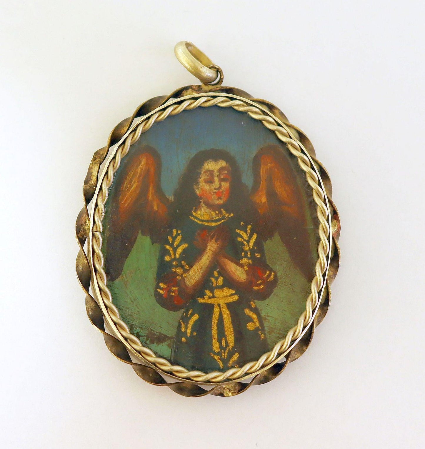 19th Cent. Cuzco School 2 sided Oil Miniature Medal w Sterling Silver Chain Our Lady Mary and Child - Archangel Gabriel - Extreme Rarity