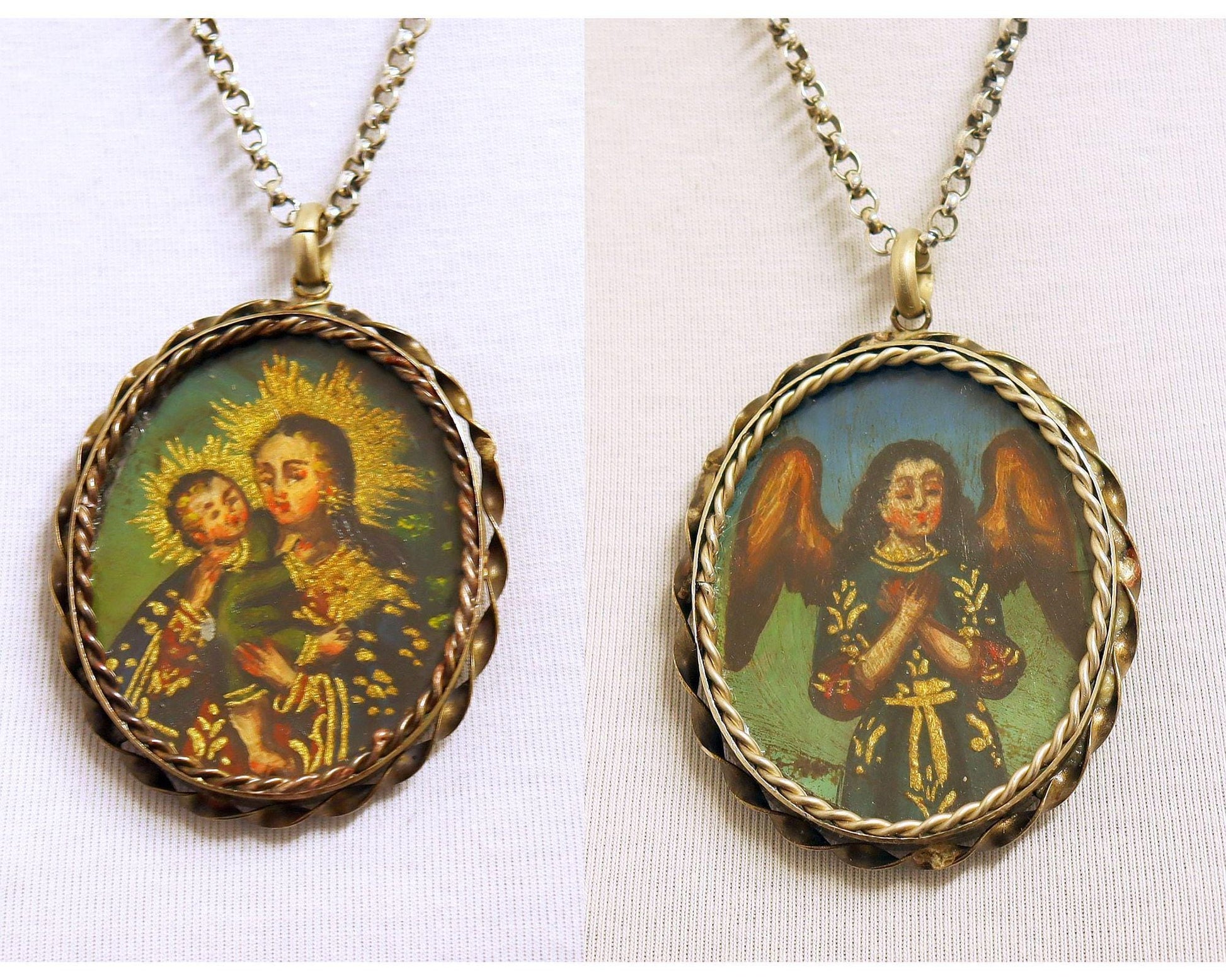 19th Cent. Cuzco School 2 sided Oil Miniature Medal w Sterling Silver Chain Our Lady Mary and Child - Archangel Gabriel - Extreme Rarity