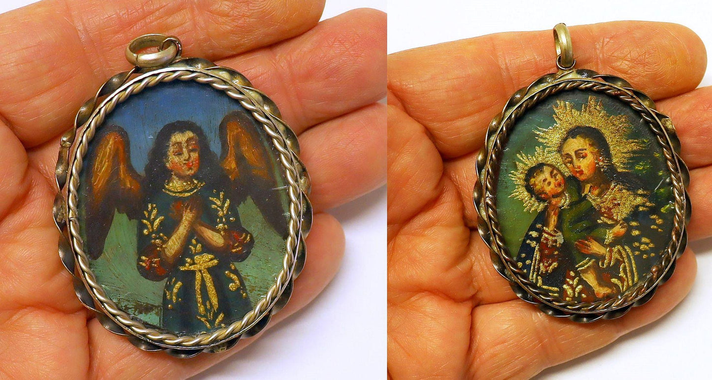 19th Cent. Cuzco School 2 sided Oil Miniature Medal w Sterling Silver Chain Our Lady Mary and Child - Archangel Gabriel - Extreme Rarity