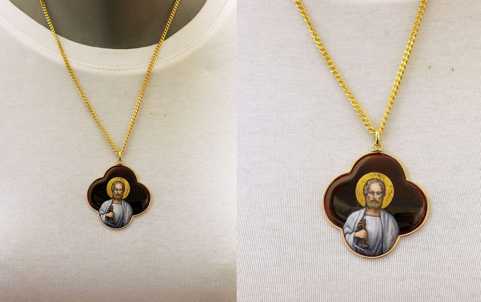 19th Cent. Very rare Saint Peter Medallion Hand Painted Limoges Enamel Antique Medalion 18 K. Gold Frame. Gift Chain