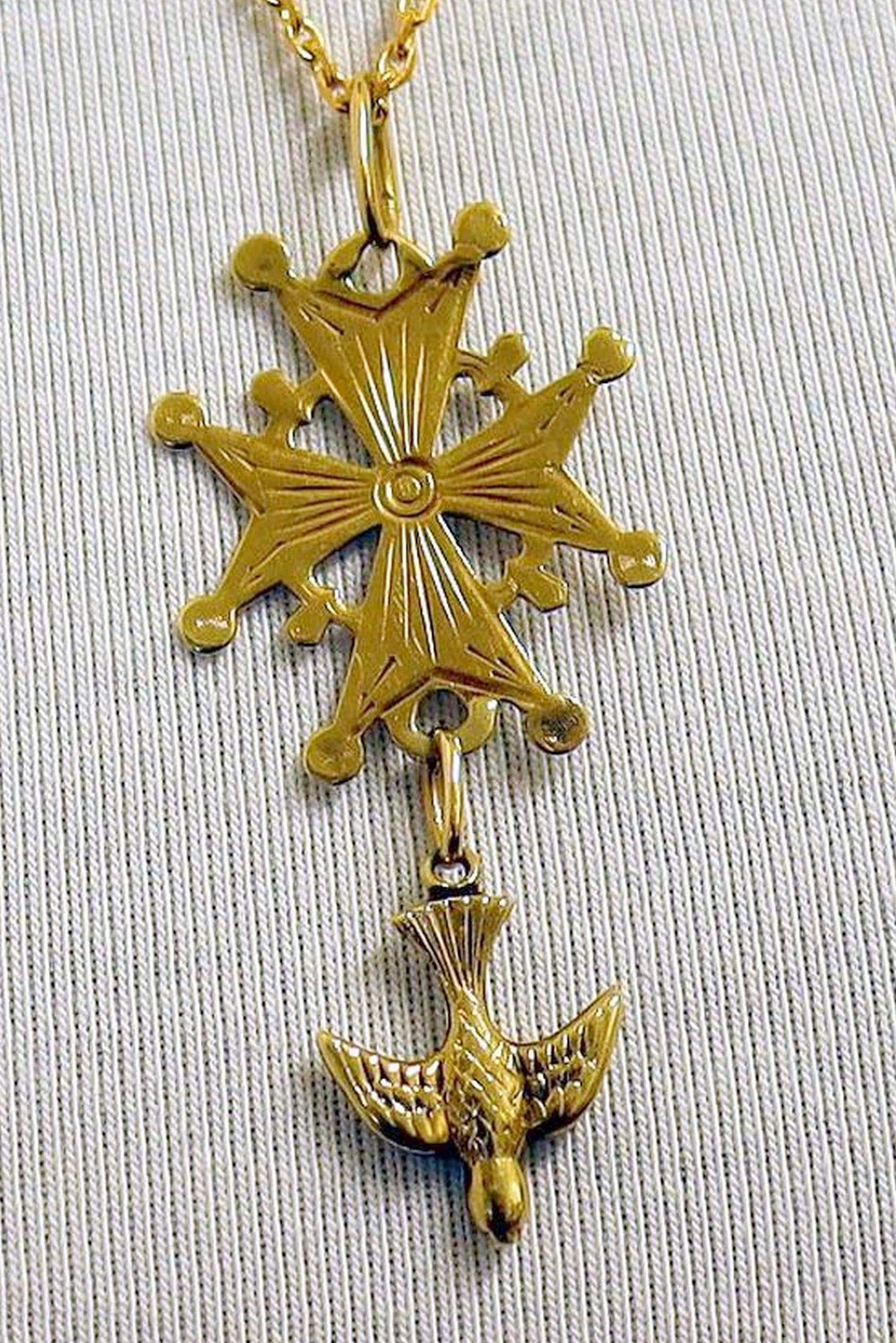 Antique French Pendant 18K Solid Gold Medal Double Sided Huguenot Cross - 1920's