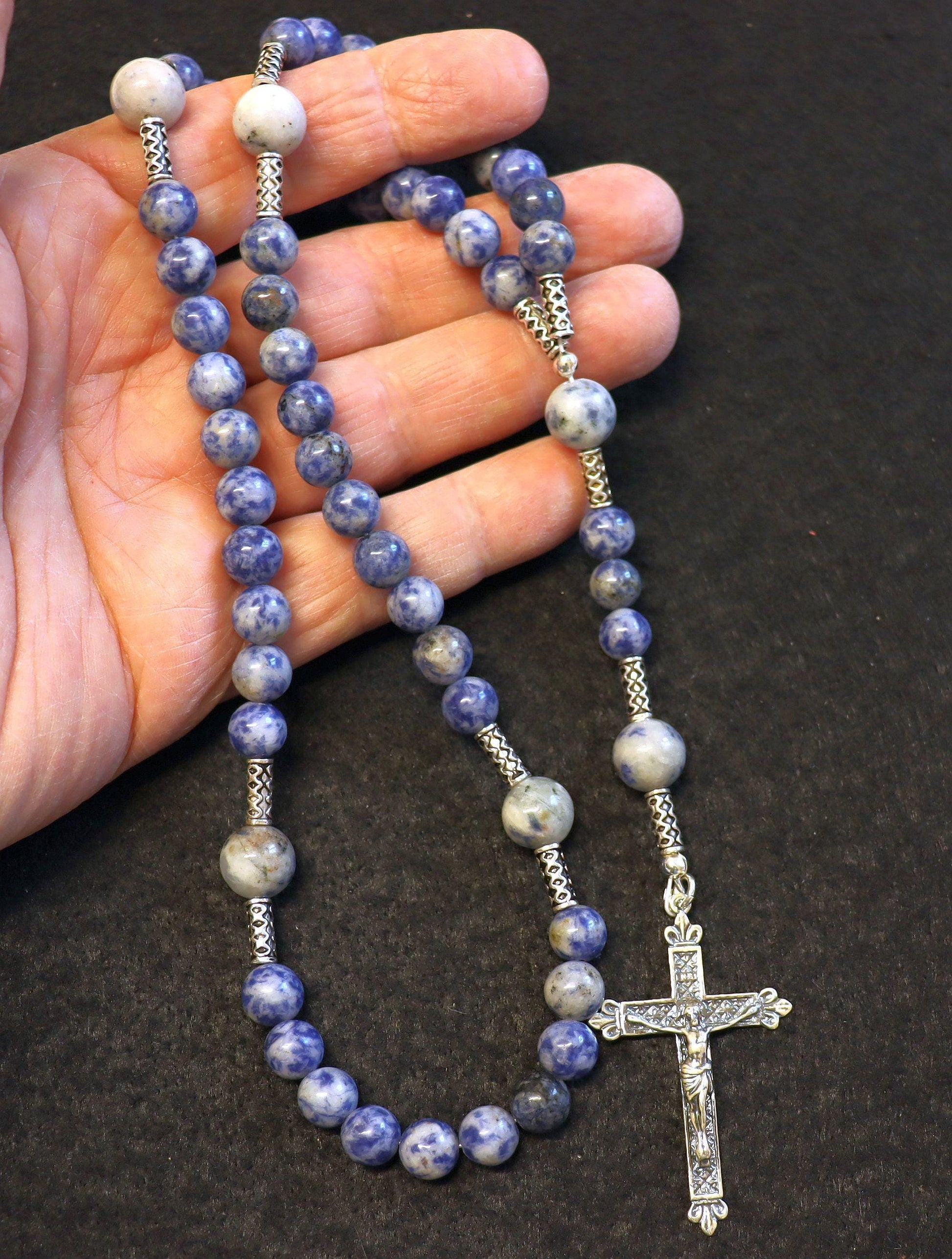 Catholic Rosary Prayer Beads Denim Sodalite & Sterling Silver
