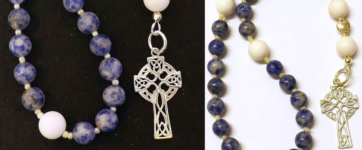 Anglican Episcopal Rosary Prayer Beads : Denim Sodalite, White Coral and Sterling Silver Celtic Cross