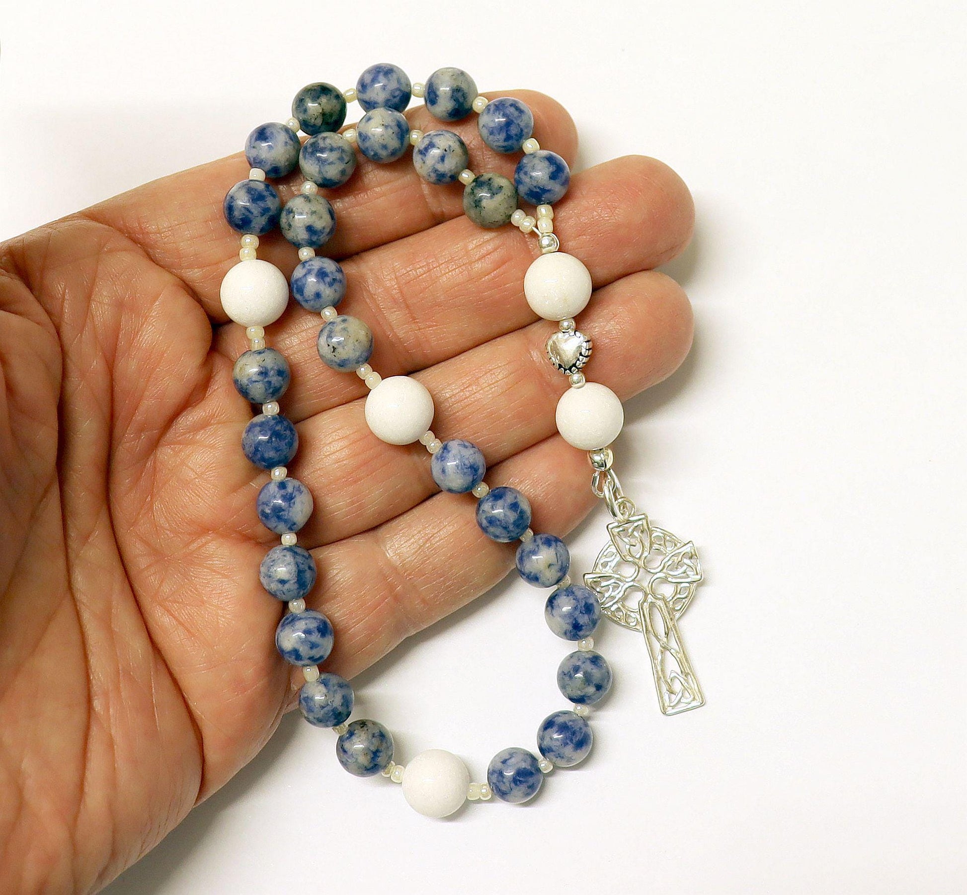 Anglican Episcopal Rosary Prayer Beads : Denim Sodalite, White Coral and Sterling Silver Celtic Cross