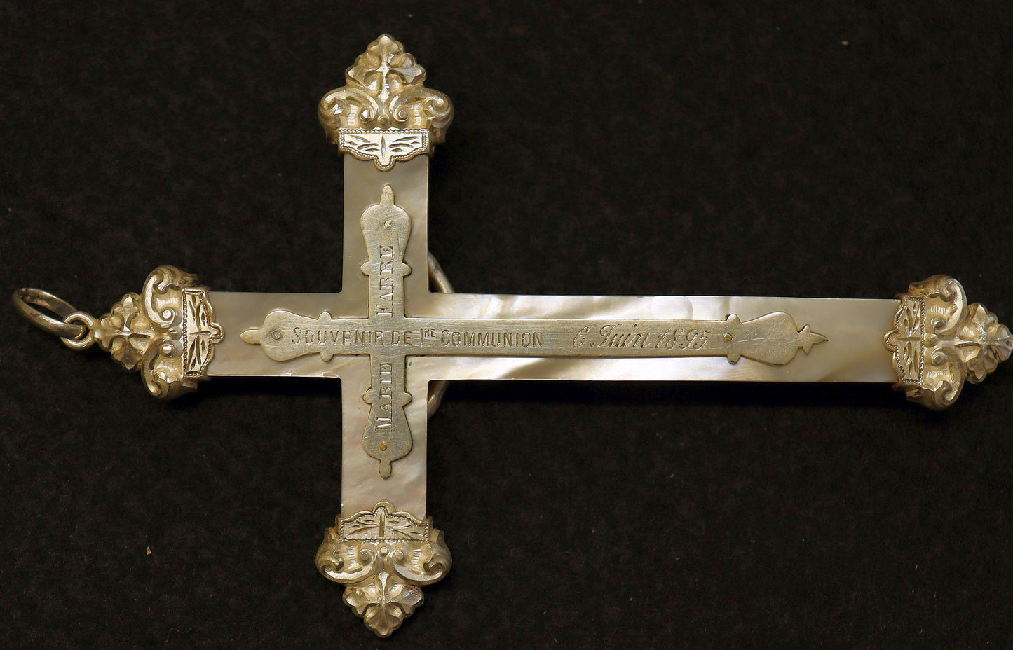 Impressive and Rare French Mother of Pearl & Sterling Silver Large Cross In Box – dd 1896 Never Used Brand New - Unique Museum Item