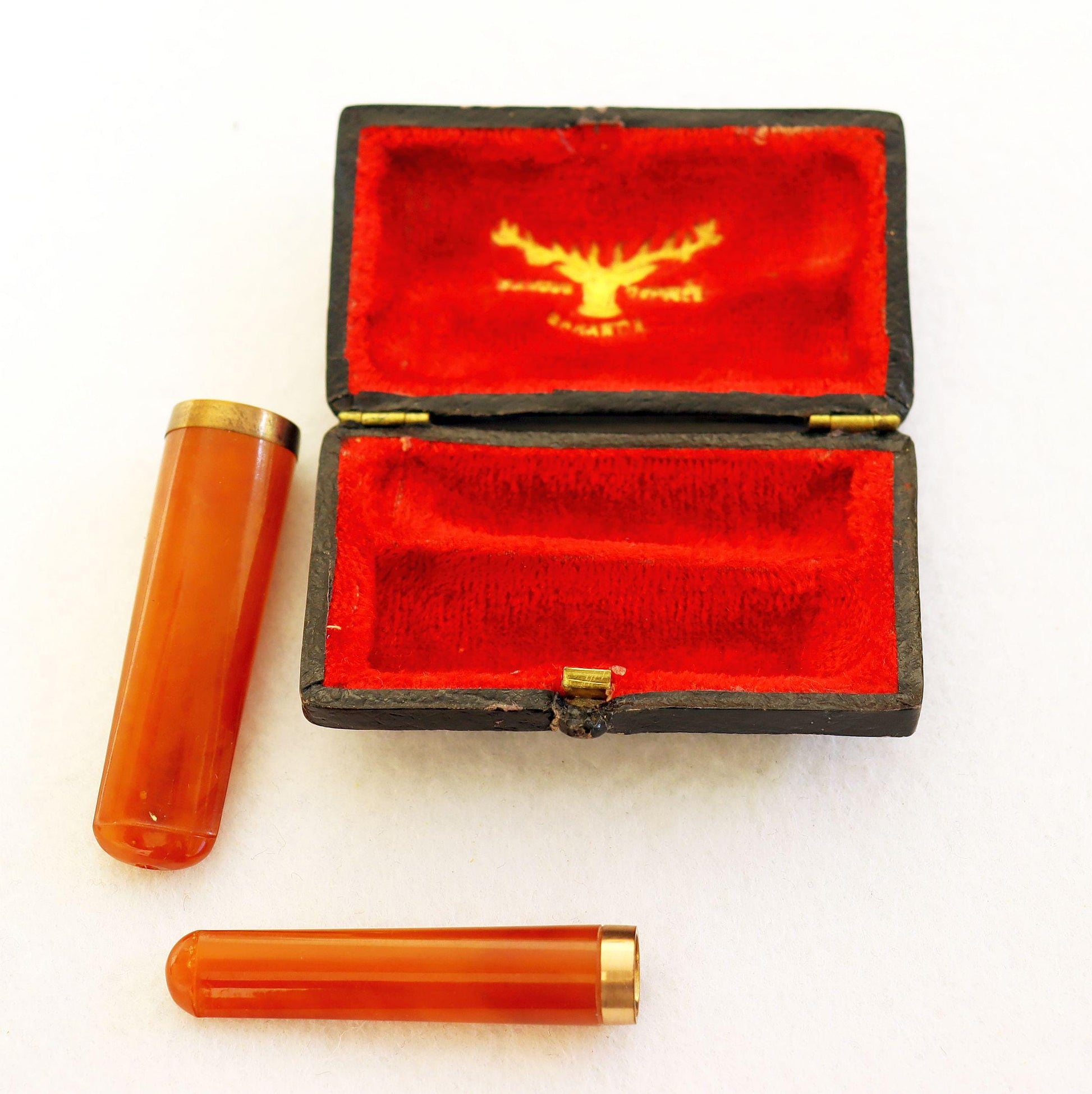 Vintage Early 1900's Butterscotch Amber w 18 K. Gold Rim, Cased Set Cigar & Cigarette Holders - UNUSED - New Old Stock