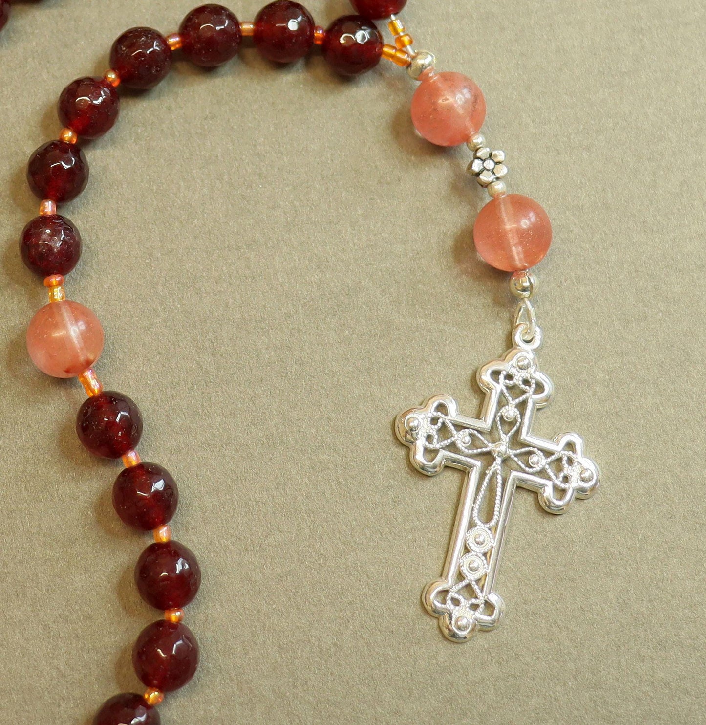Anglican Episcopal Rosary Prayer Beads :Faceted Garnet, Rose Quartz and Sterling Silver - Filigree Cross