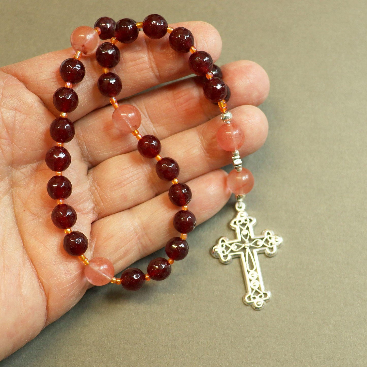 Anglican Episcopal Rosary Prayer Beads :Faceted Garnet, Rose Quartz and Sterling Silver - Filigree Cross