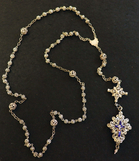 Unique 19th Century Bavarian Sterling Filigree Rosary, Reliquary Cross, Antique Catholic Necklace, Vintage Religious Jewelry, Cross Necklace
