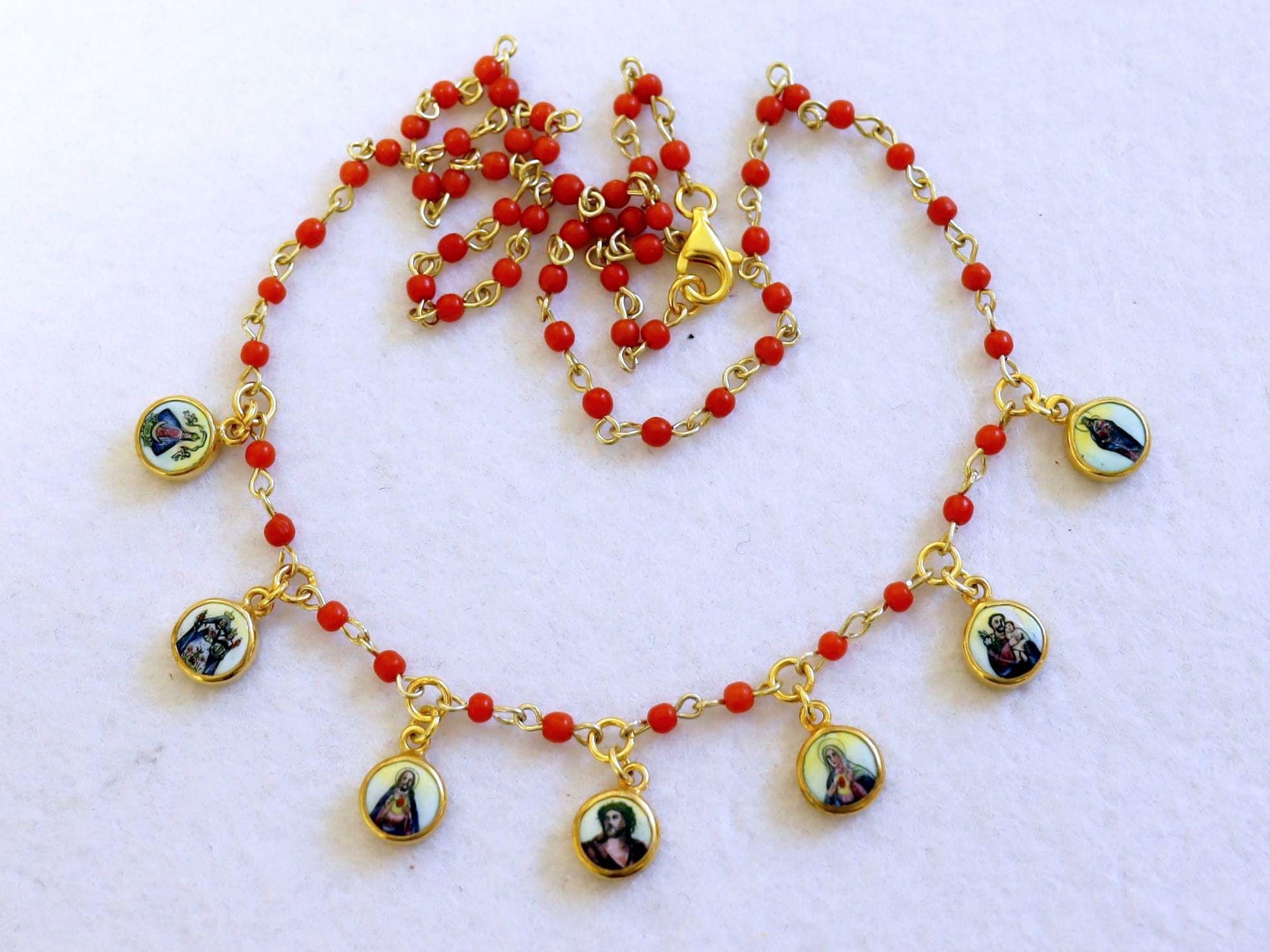 Genuine Coral & Vermeil Rosary Necklace w 7 Vintage Hand Painted Miniature Enameled Medals of Extreme Rarity