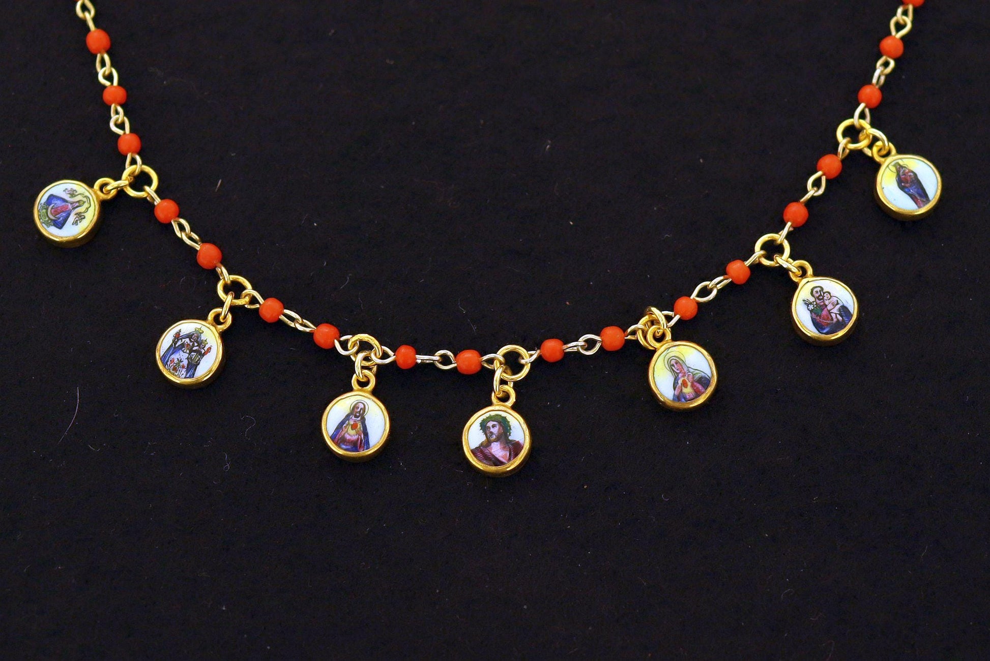 Genuine Coral & Vermeil Rosary Necklace w 7 Vintage Hand Painted Miniature Enameled Medals of Extreme Rarity