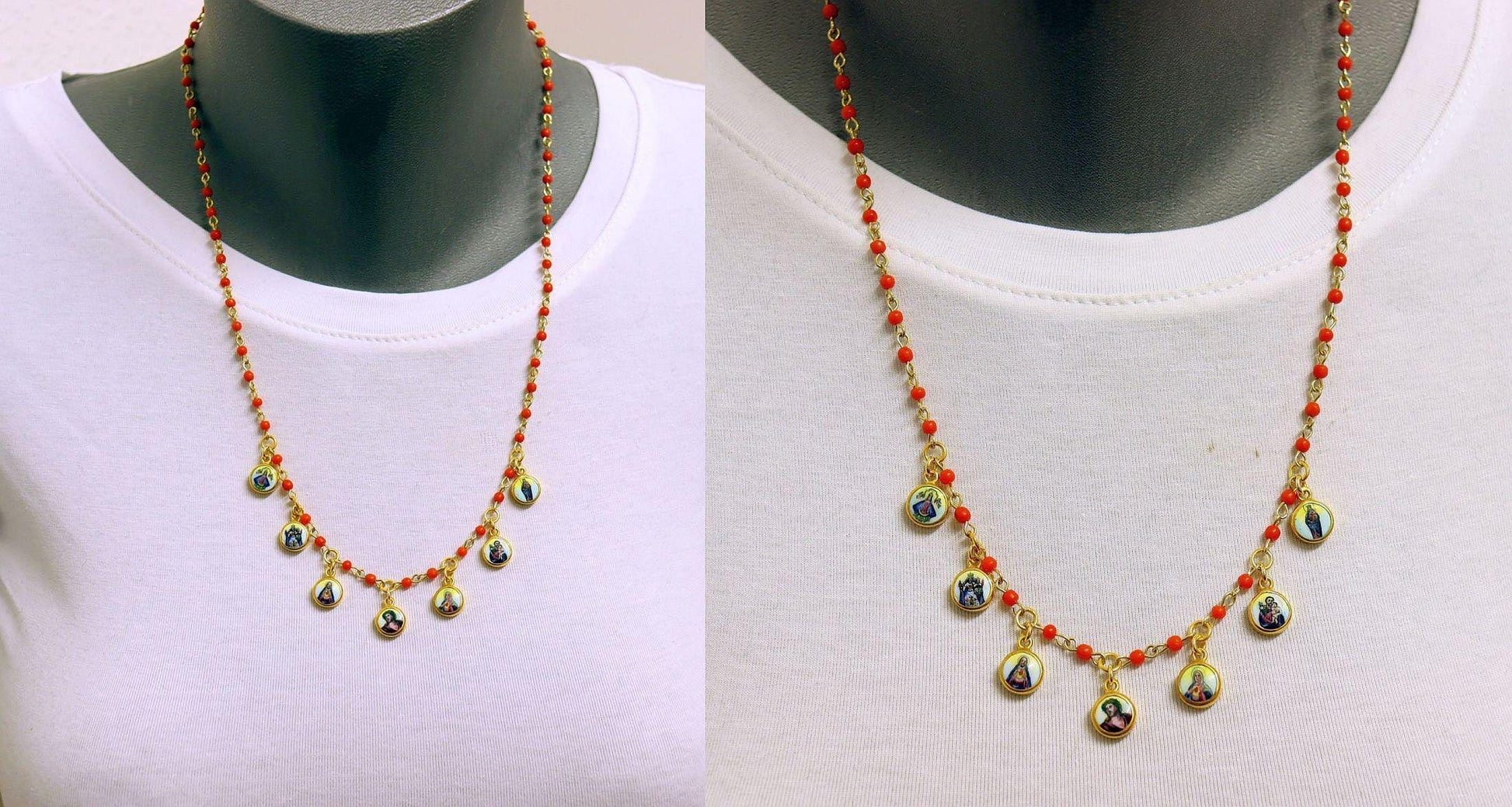 Genuine Coral & Vermeil Rosary Necklace w 7 Vintage Hand Painted Miniature Enameled Medals of Extreme Rarity