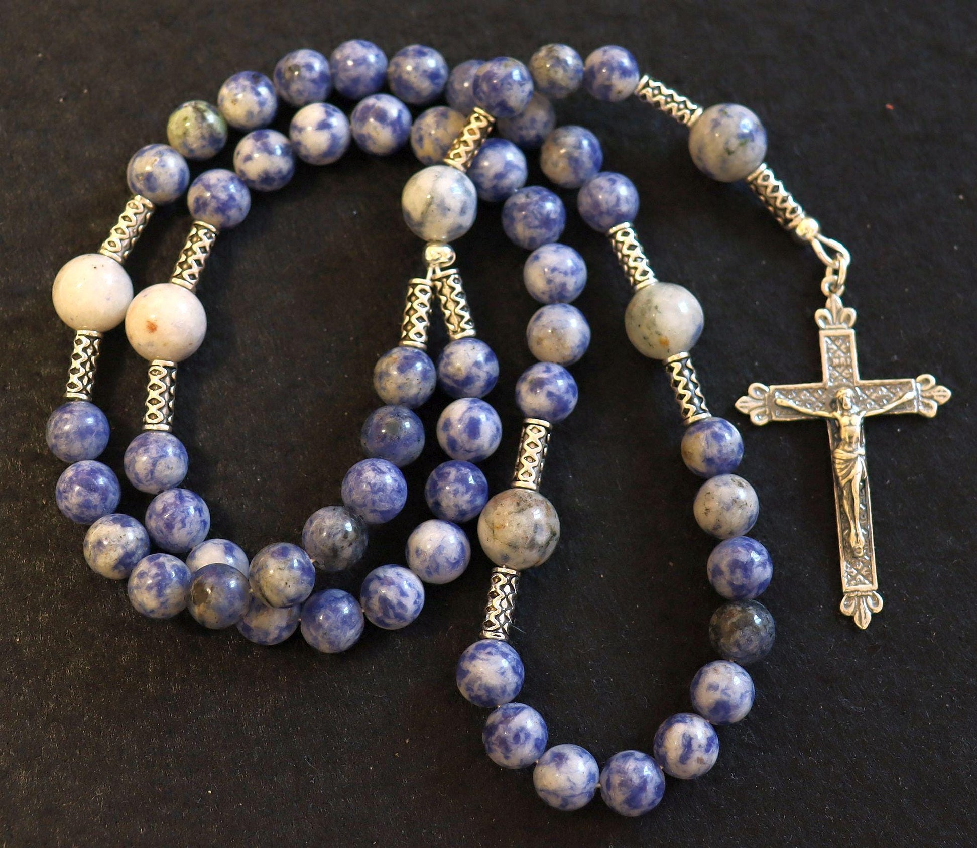 Catholic Rosary Prayer Beads Denim Sodalite & Sterling Silver