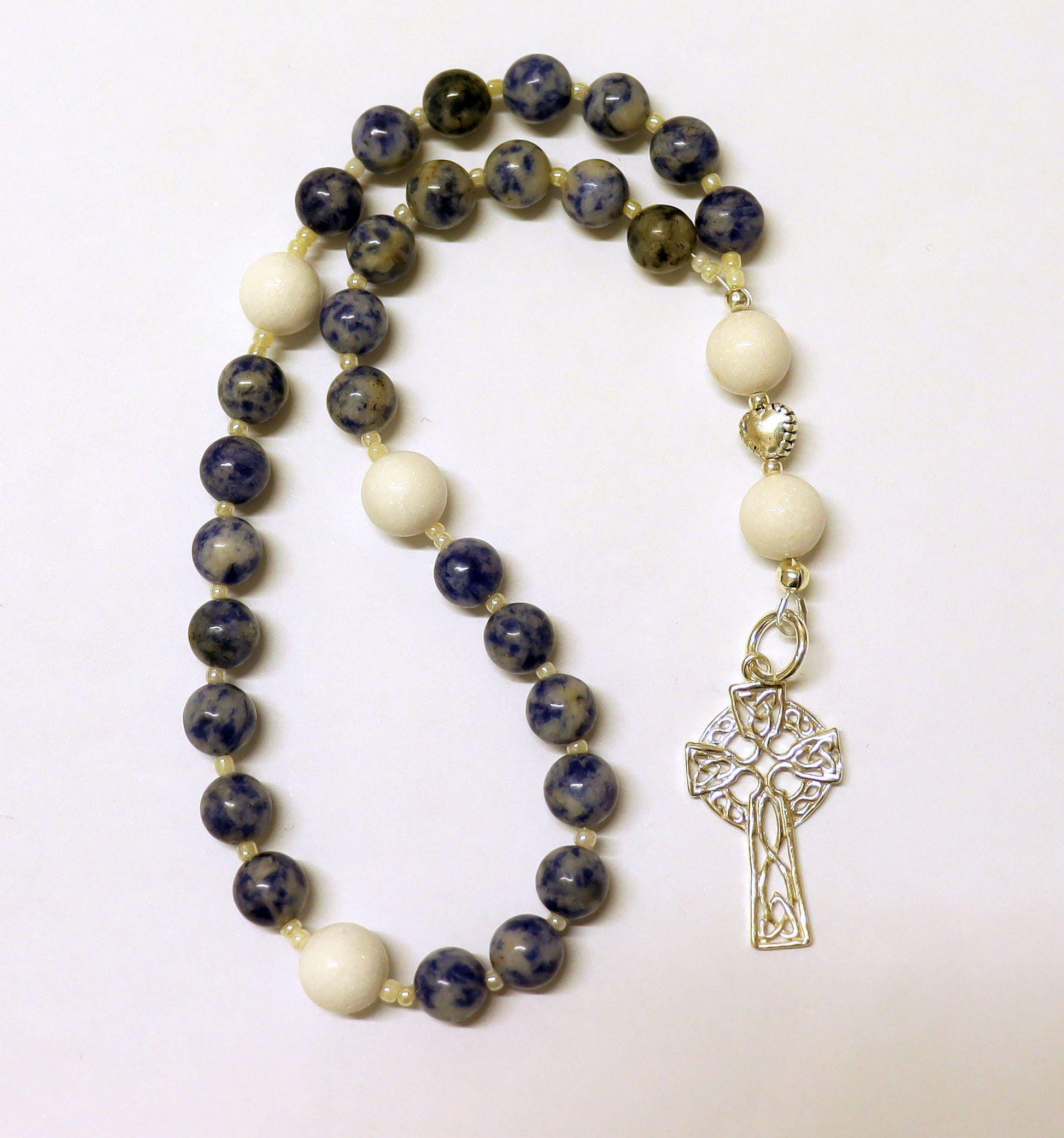 Anglican Episcopal Rosary Prayer Beads : Denim Sodalite, White Coral and Sterling Silver Celtic Cross