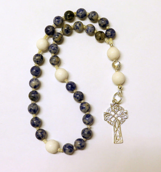 Anglican Episcopal Rosary Prayer Beads : Denim Sodalite, White Coral and Sterling Silver Celtic Cross