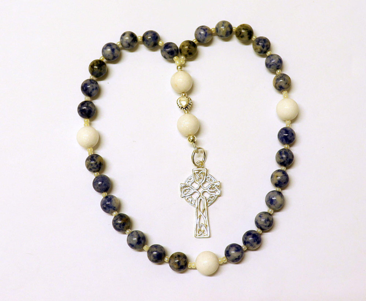 Anglican Episcopal Rosary Prayer Beads : Denim Sodalite, White Coral and Sterling Silver Celtic Cross