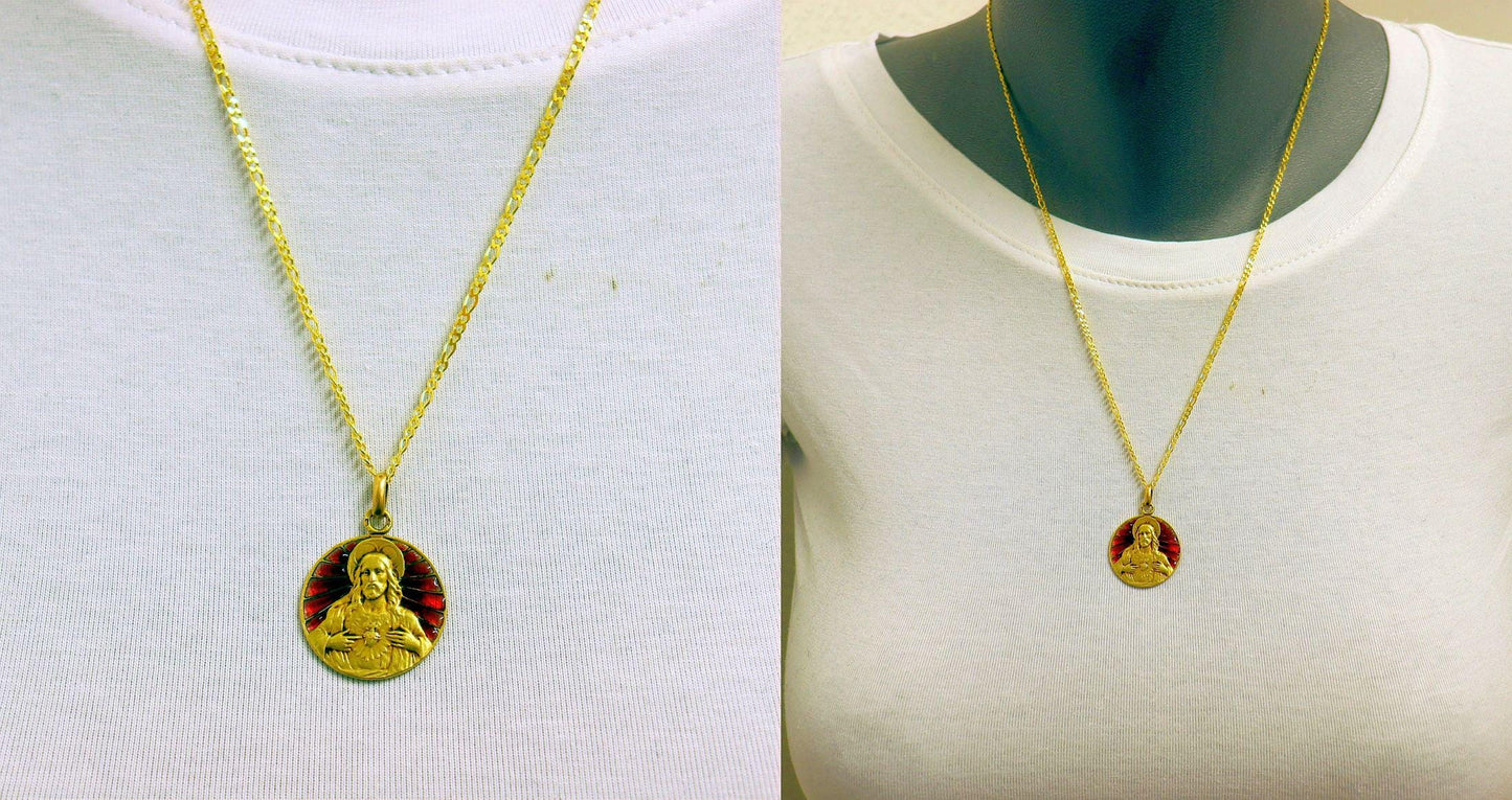 Art Deco 18 K Gold Pendant Red Plique-à-Jour Medal with Chain : The sacred Heart of Jesus - Very Rare