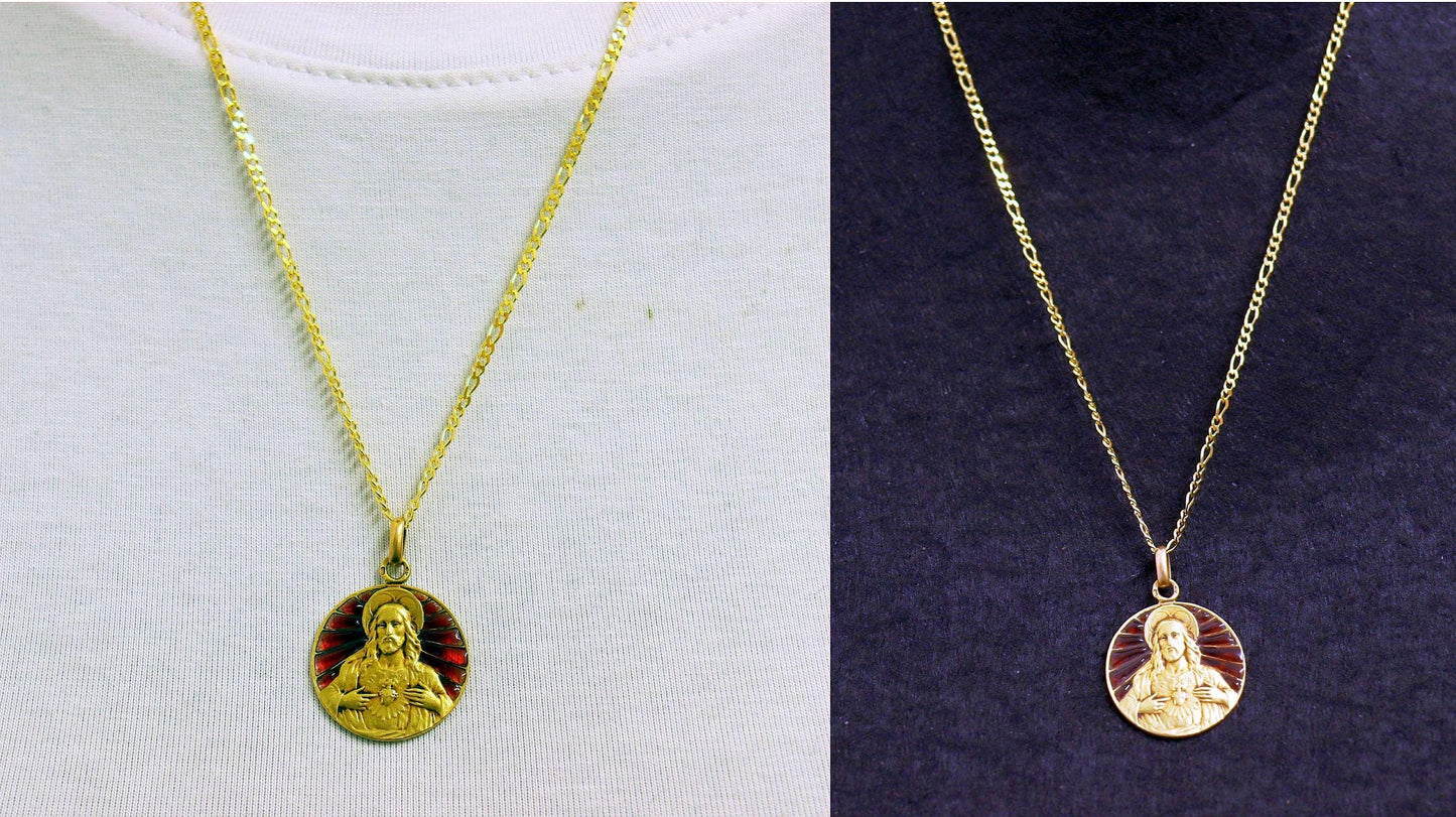 Art Deco 18 K Gold Pendant Red Plique-à-Jour Medal with Chain : The sacred Heart of Jesus - Very Rare