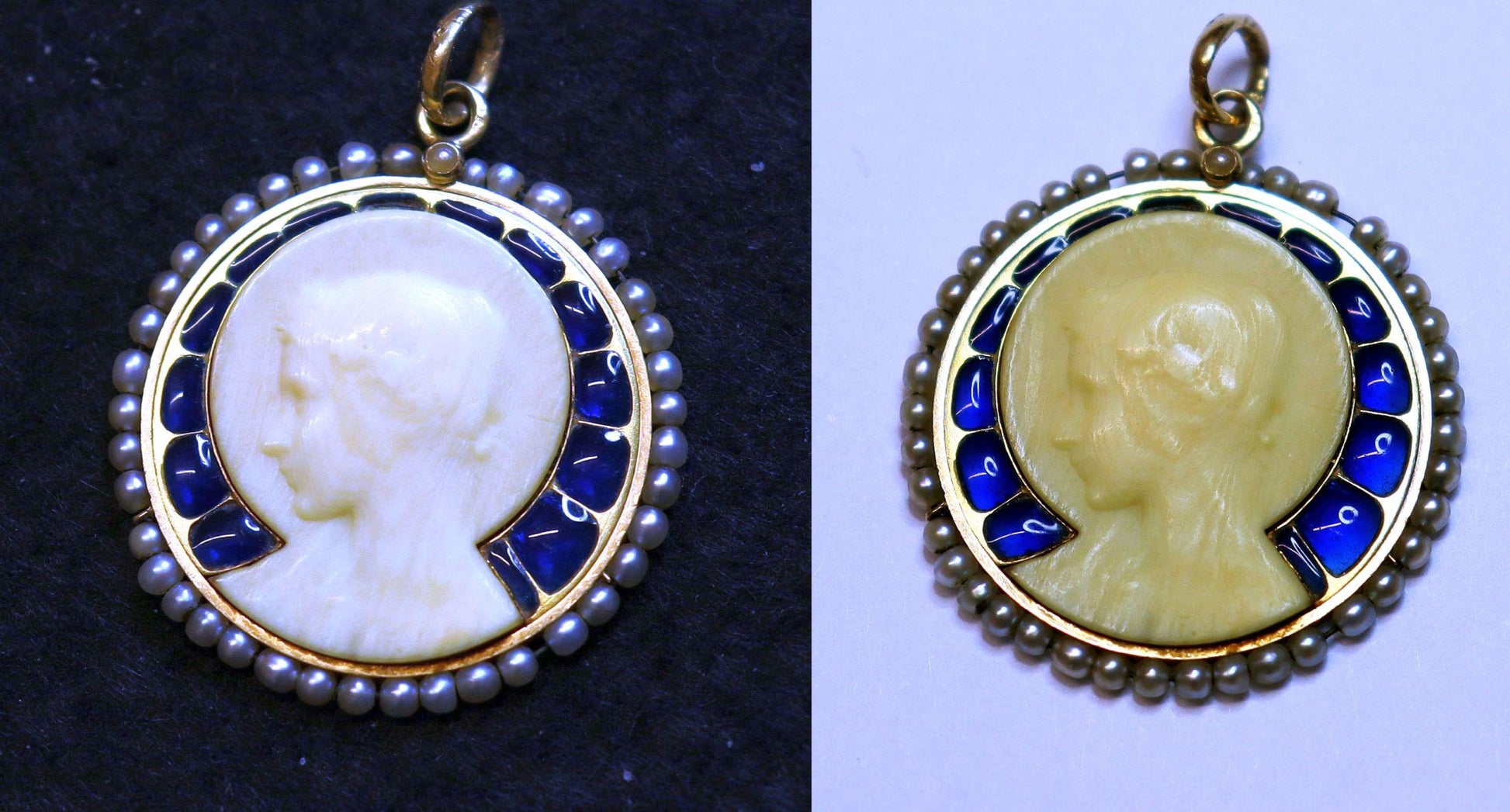 18 K Gold Plique-à-Jour Pendant Medal of Virgin Mary In Dieppe Work With Pearls & Monogram Pristine from 1923 - Very rare