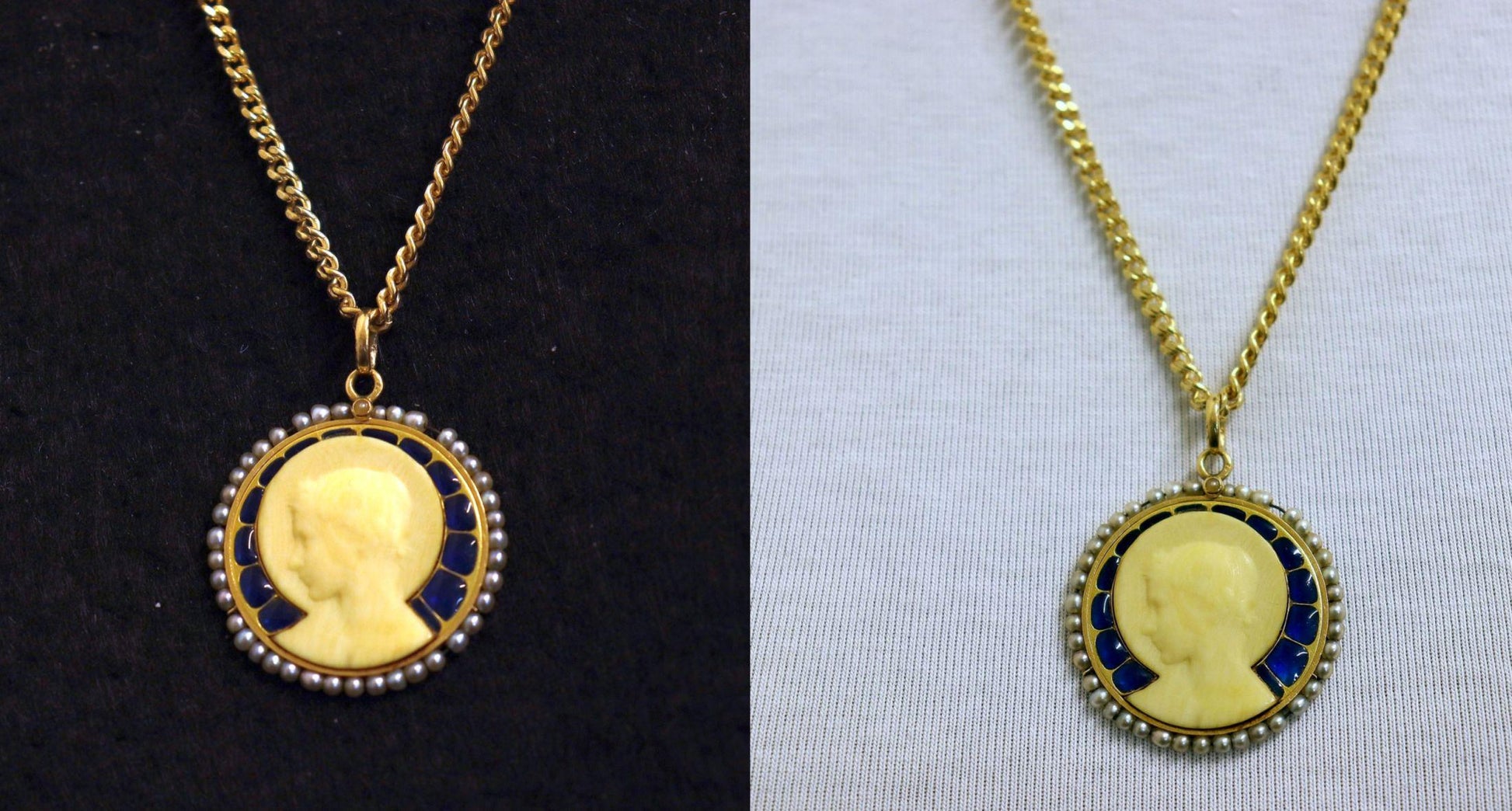 18 K Gold Plique-à-Jour Pendant Medal of Virgin Mary In Dieppe Work With Pearls & Monogram Pristine from 1923 - Very rare