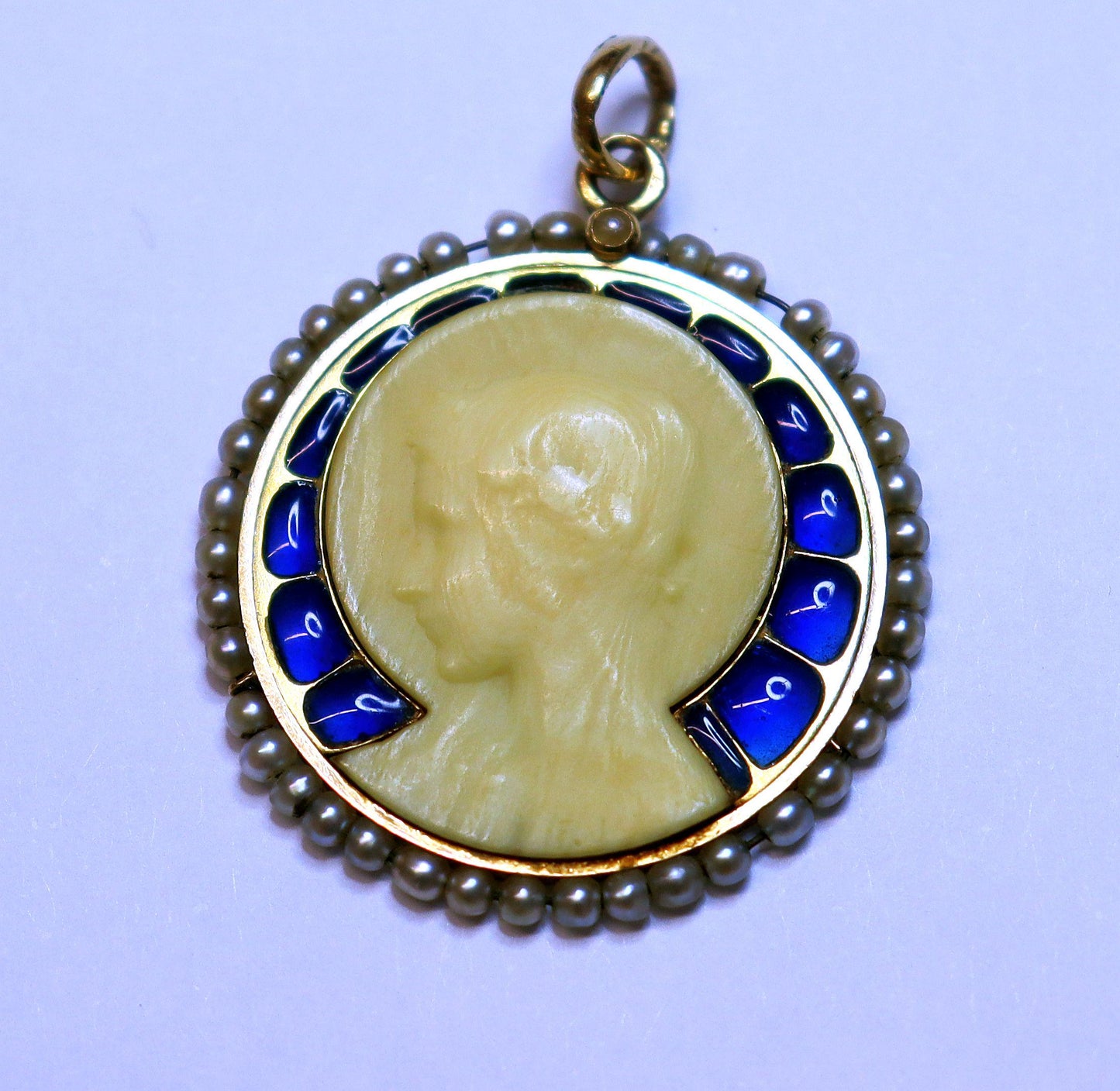 18 K Gold Plique-à-Jour Pendant Medal of Virgin Mary In Dieppe Work With Pearls & Monogram Pristine from 1923 - Very rare