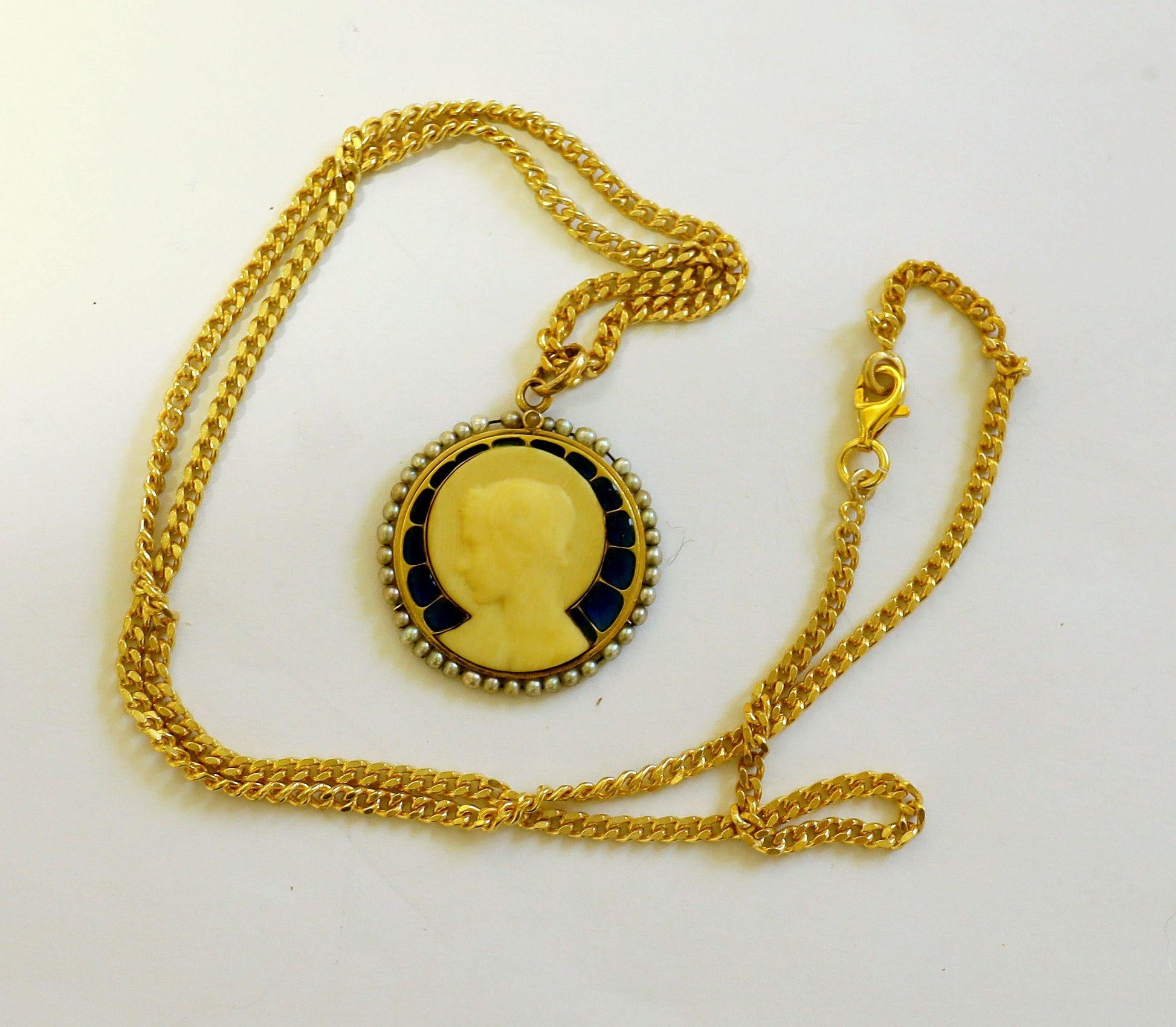 18 K Gold Plique-à-Jour Pendant Medal of Virgin Mary In Dieppe Work With Pearls & Monogram Pristine from 1923 - Very rare