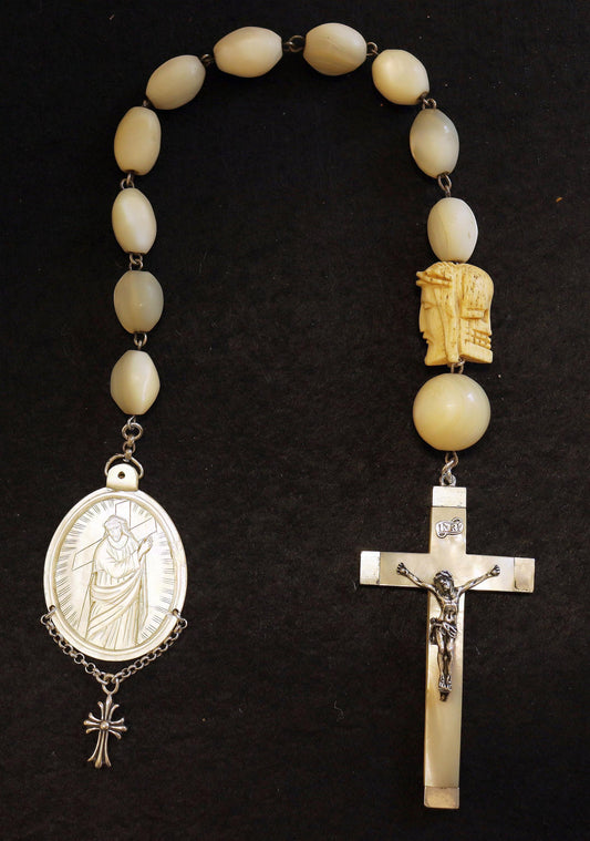 1916 Mother of Pearl and Sterling V. Large Chaplet w Janus Memento Mori & MOP Medal of Extreme Rarity