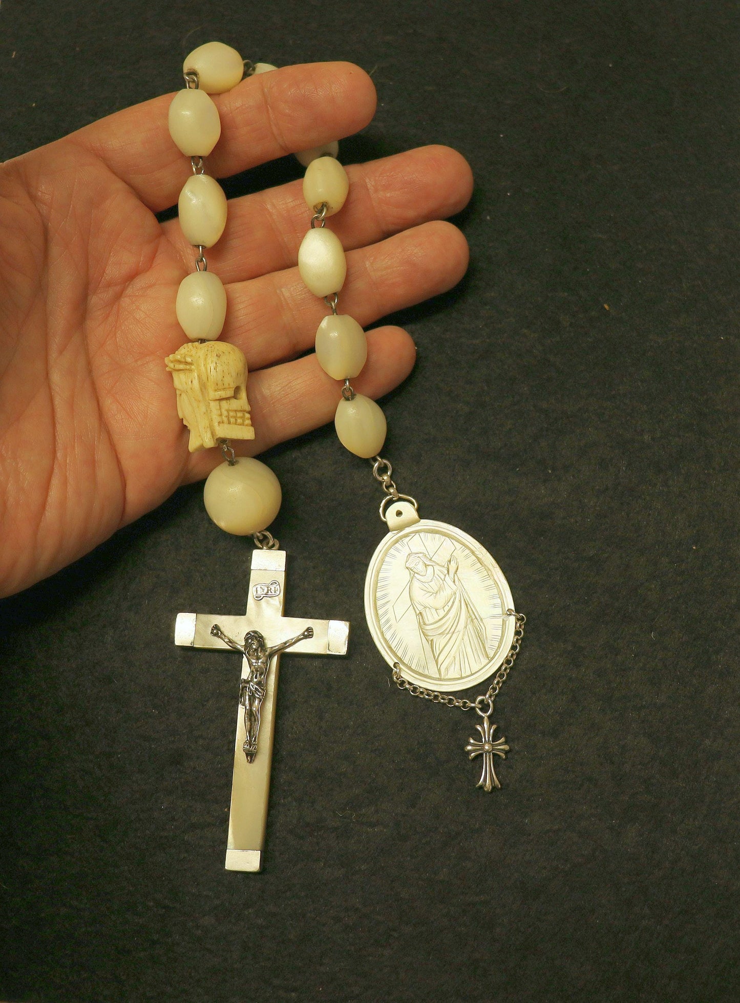 Antique Mother of Pearl Chaplet: Sterling Silver Cross, Janus Memento Mori, 1916