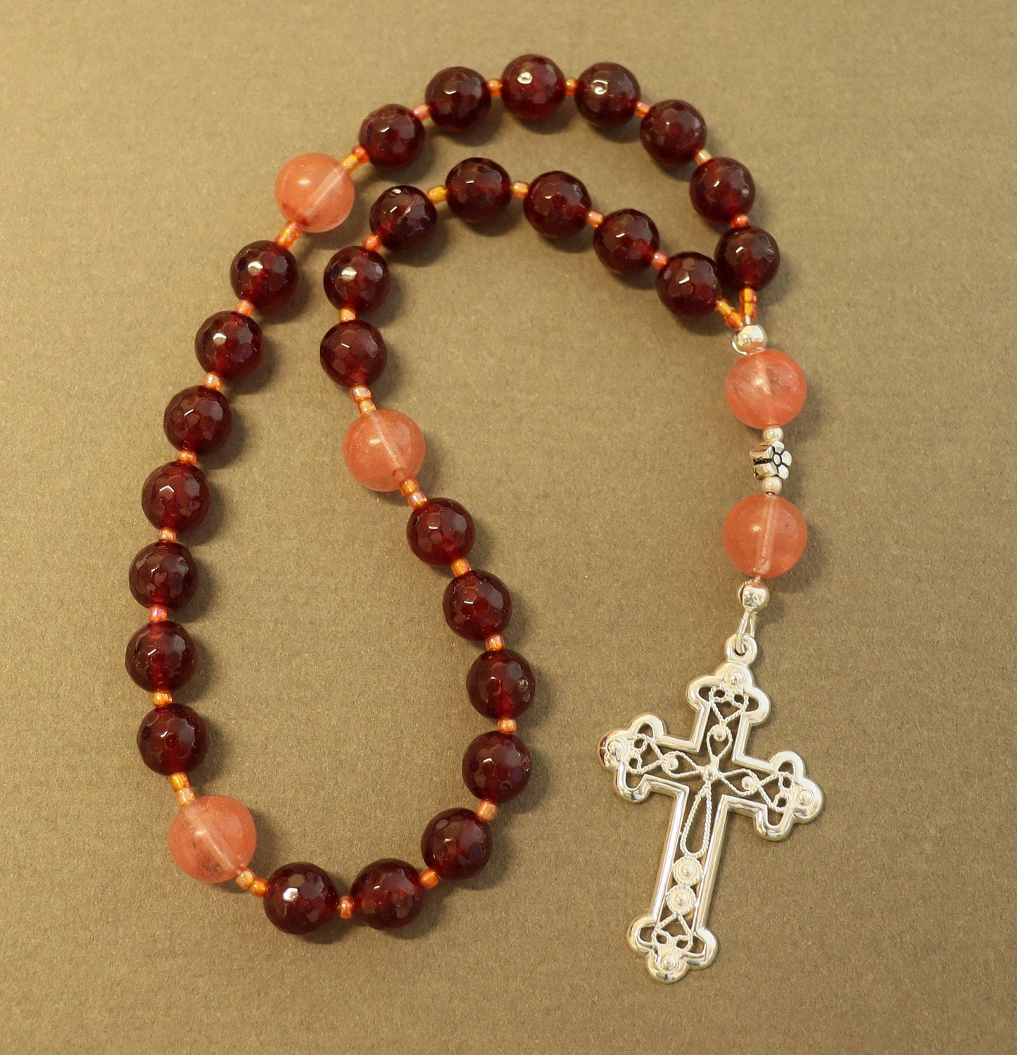 Anglican Episcopal Rosary Prayer Beads :Faceted Garnet, Rose Quartz and Sterling Silver - Filigree Cross