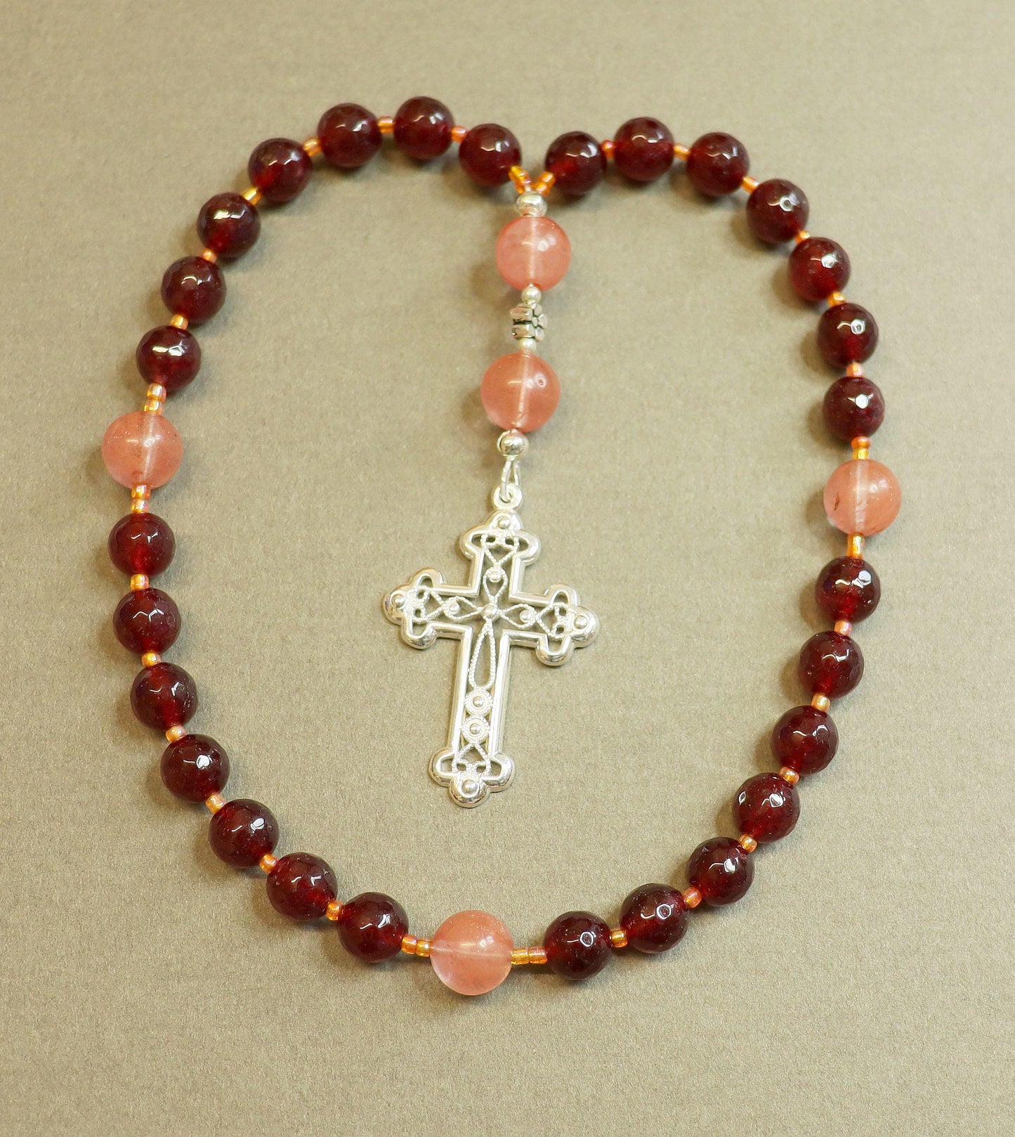 Anglican Episcopal Rosary Prayer Beads :Faceted Garnet, Rose Quartz and Sterling Silver - Filigree Cross