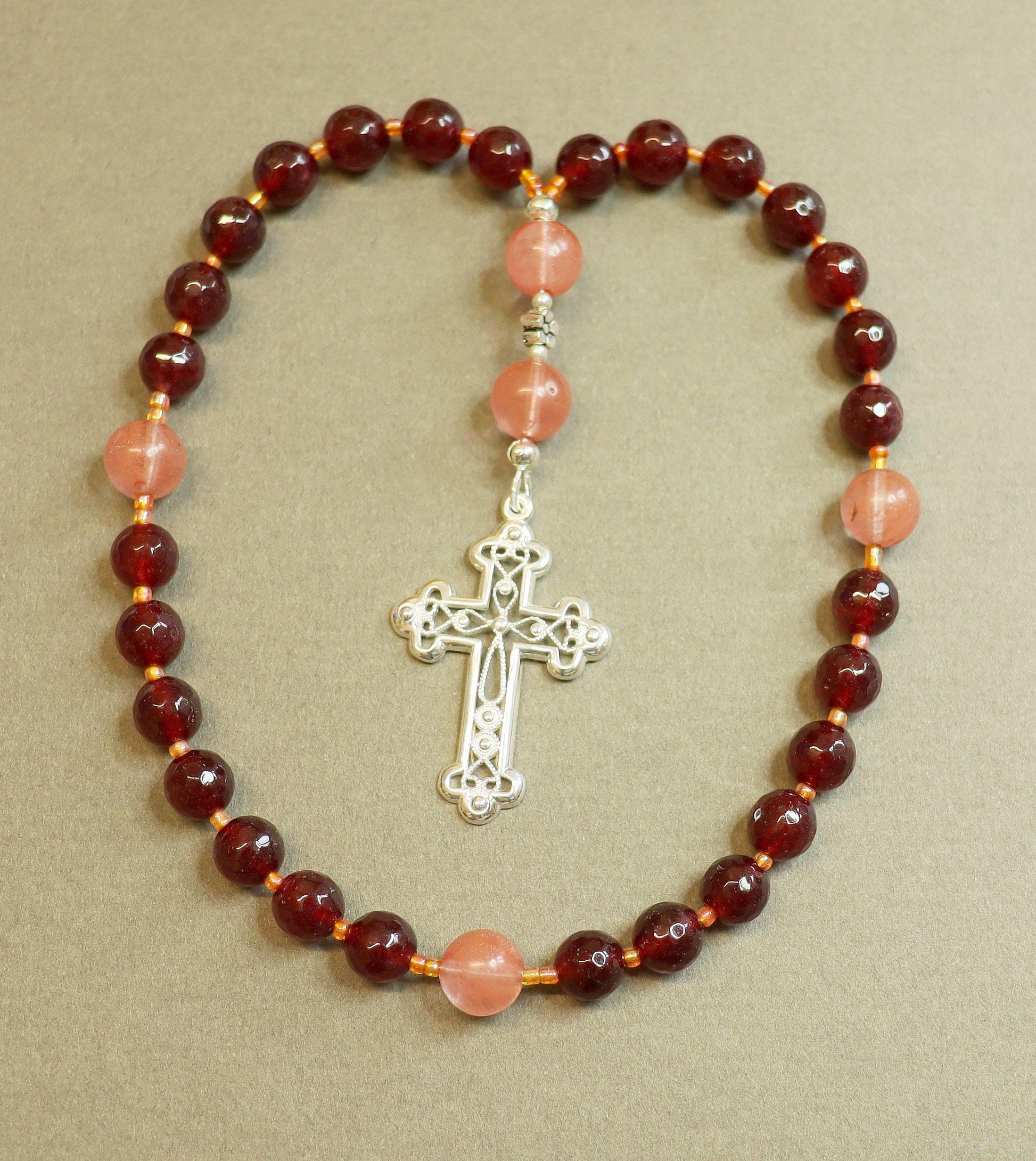 Anglican Episcopal Rosary Prayer Beads :Faceted Garnet, Rose Quartz and Sterling Silver - Filigree Cross