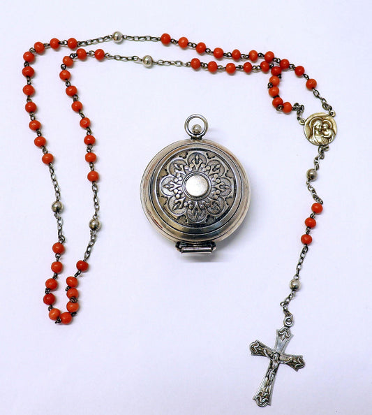 Vintage Sardinian Dark Salmon Coral & Sterling Silver Rosary in Sterling Chatelaine Box - Rare Gift