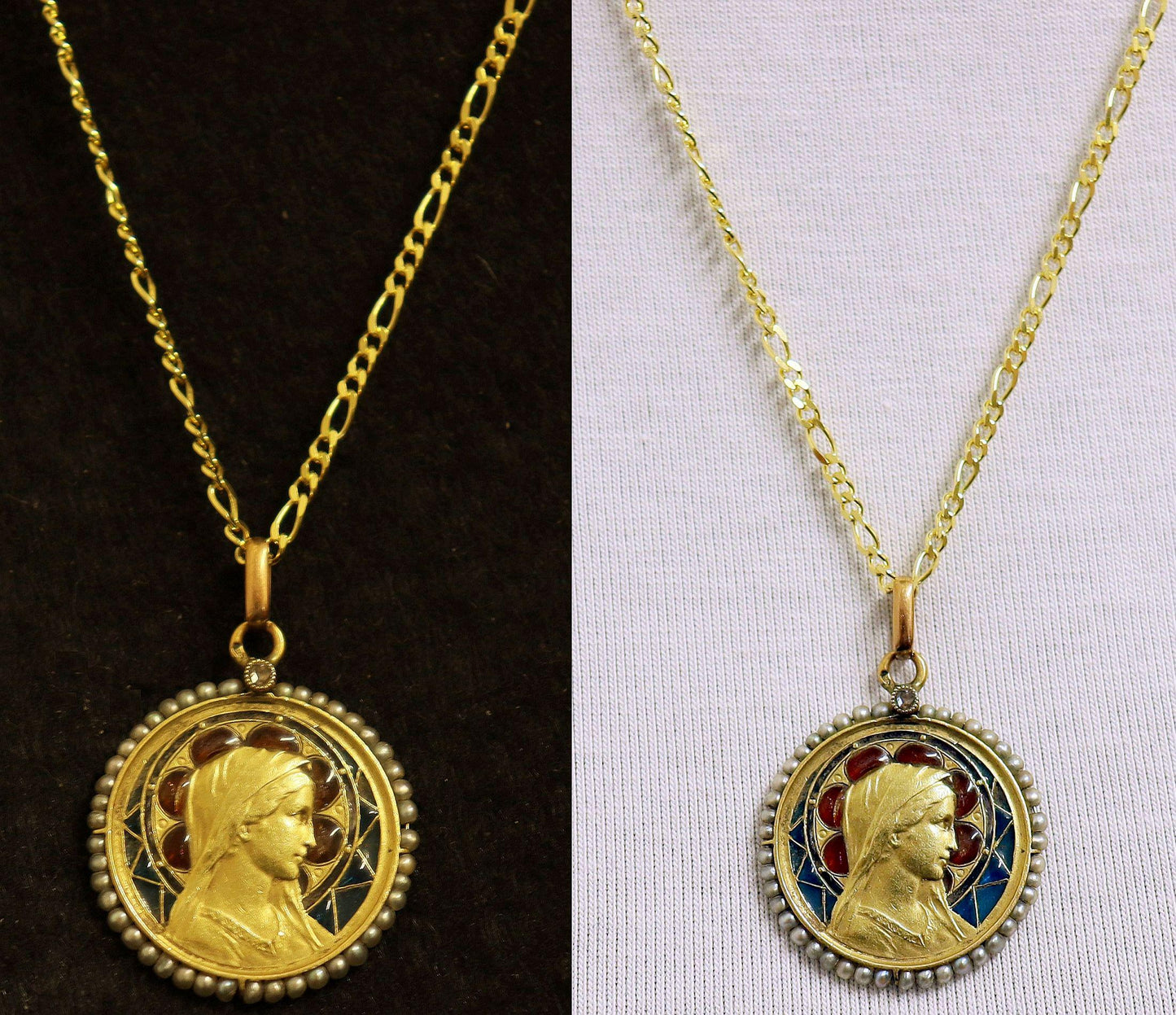 18 K Gold Plique-à-Jour Bicolor Pendant Medal with pearls and Diamond : The Virgin Mary - circa 1930 w Chain