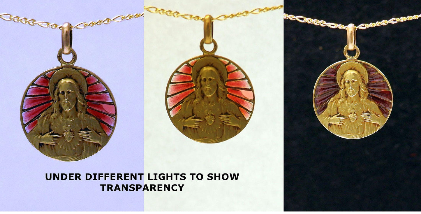 Art Deco 18 K Gold Pendant Red Plique-à-Jour Medal with Chain : The sacred Heart of Jesus - Very Rare