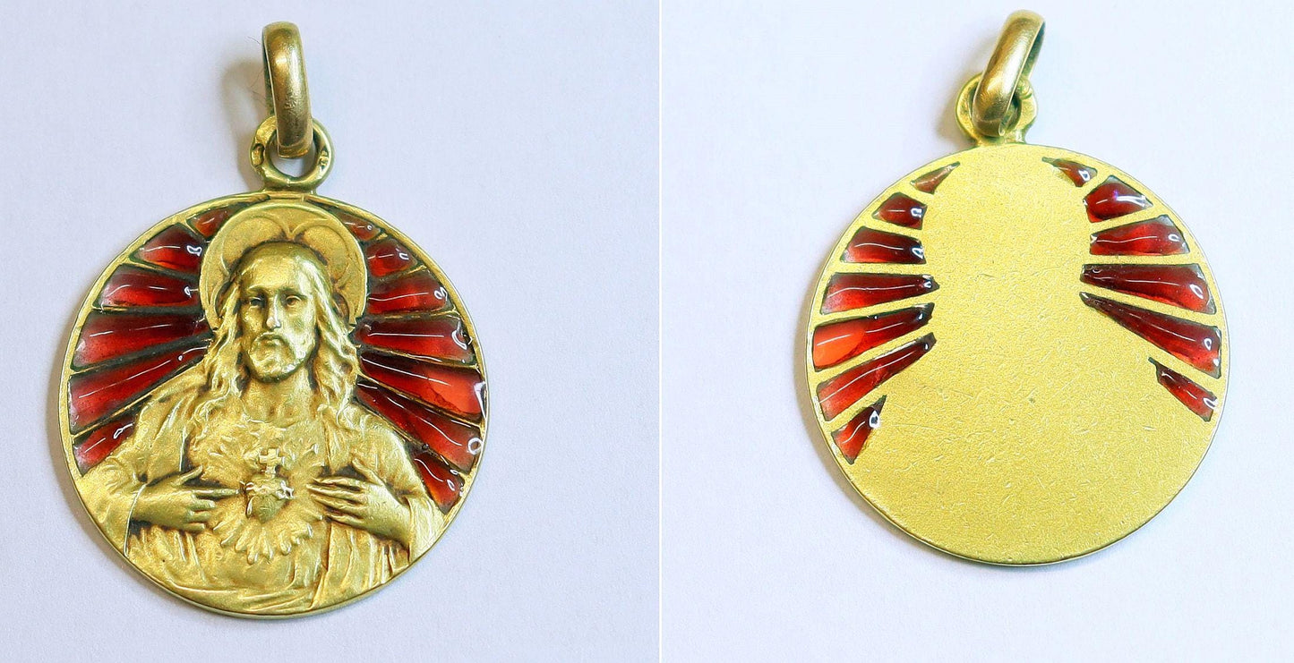 Art Deco 18 K Gold Pendant Red Plique-à-Jour Medal with Chain : The sacred Heart of Jesus - Very Rare