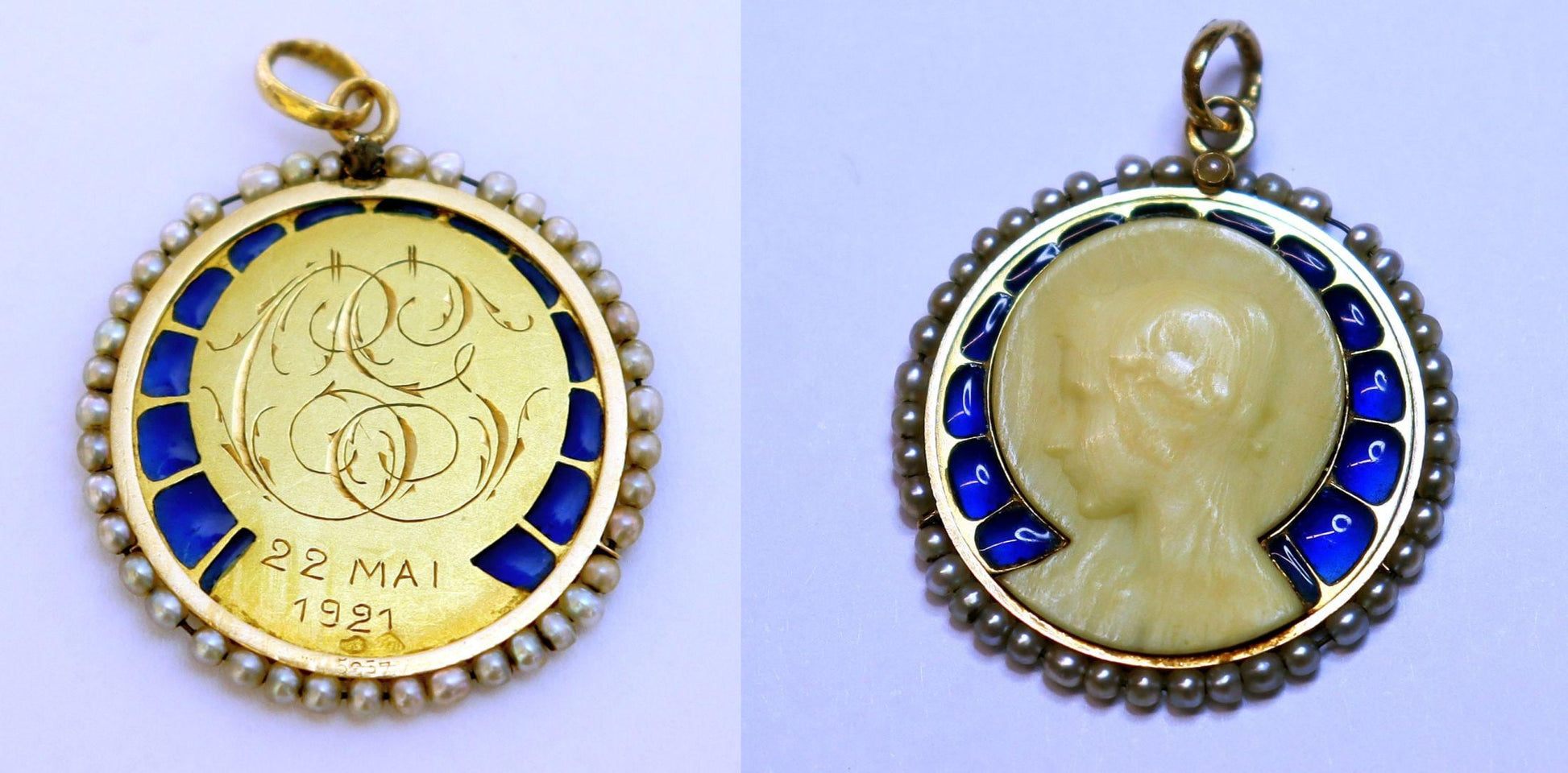 18 K Gold Plique-à-Jour Pendant Medal of Virgin Mary In Dieppe Work With Pearls & Monogram Pristine from 1923 - Very rare