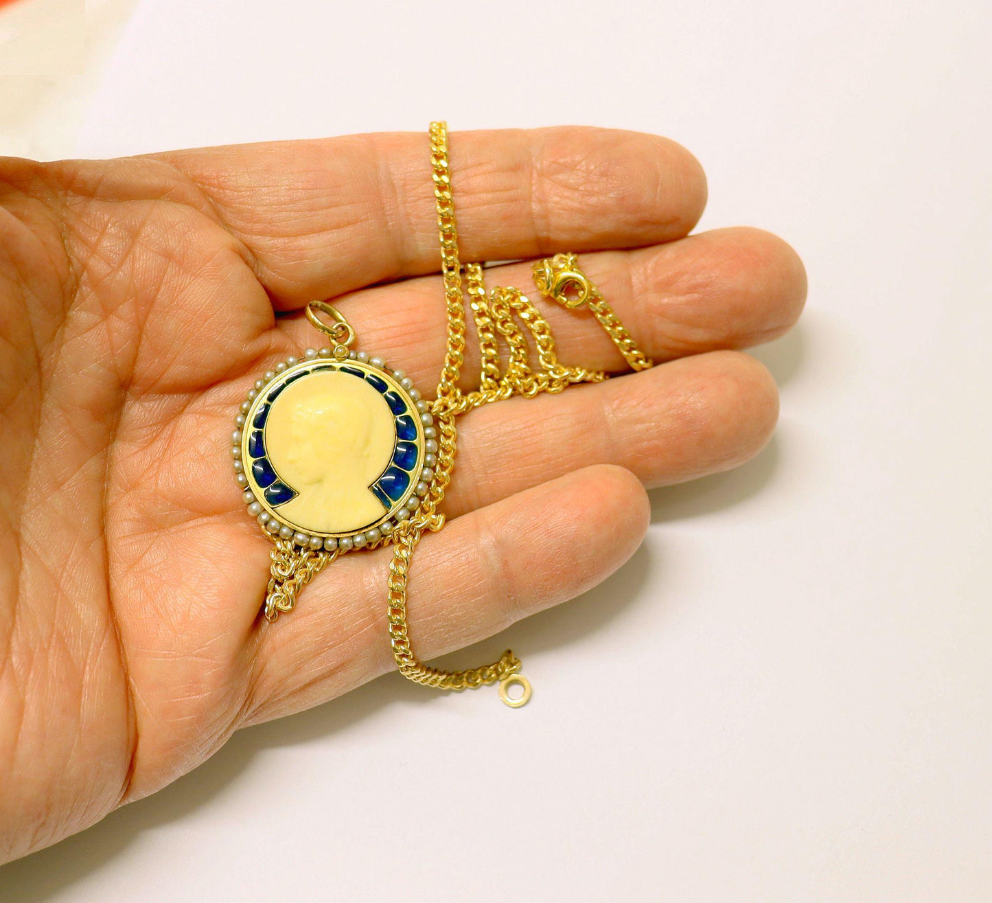 18K Gold Plique-à-Jour Virgin Mary Medal: Antique Dieppe Pearl Pendant