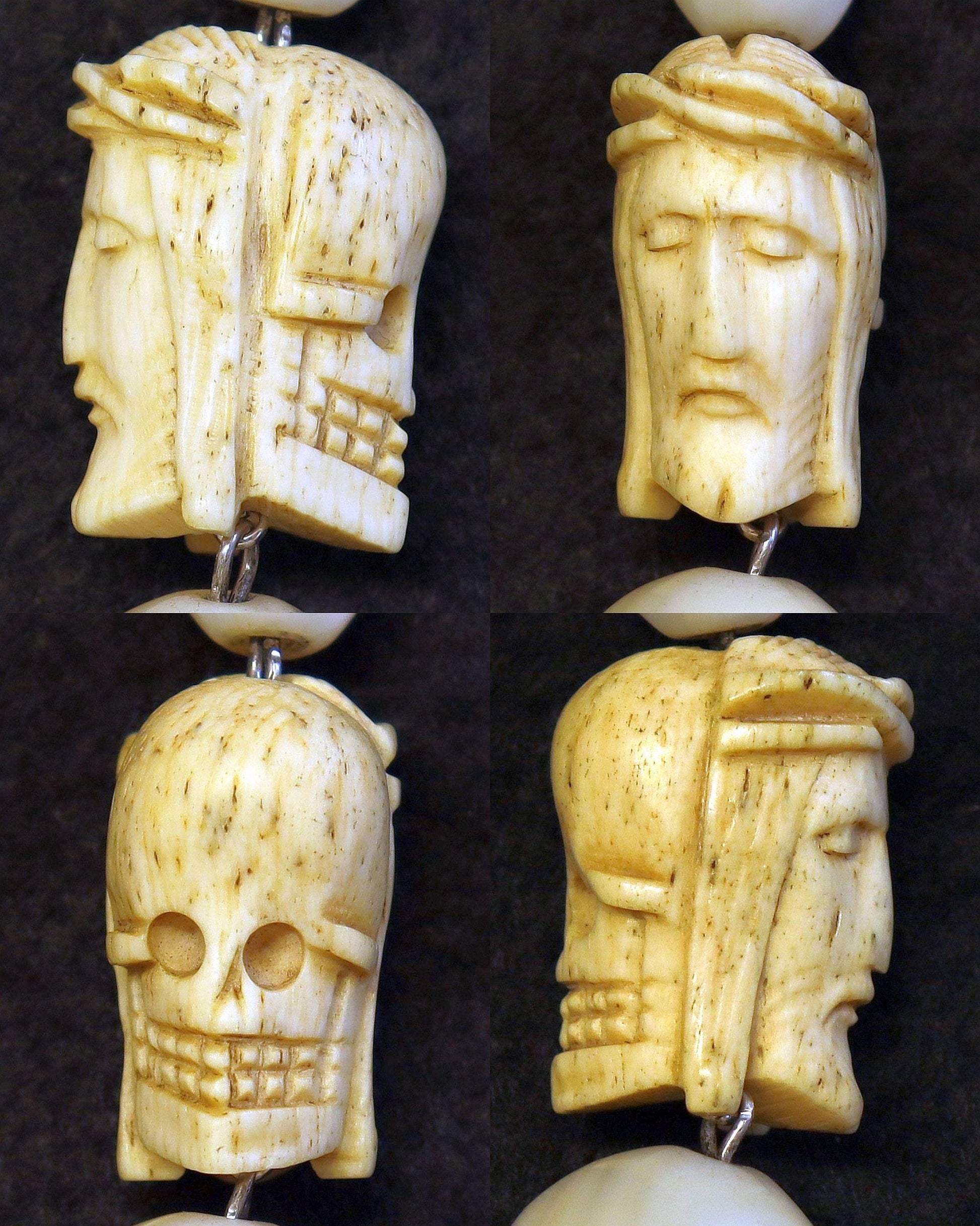 Antique Mother of Pearl Chaplet: Sterling Silver Cross, Janus Memento Mori, 1916