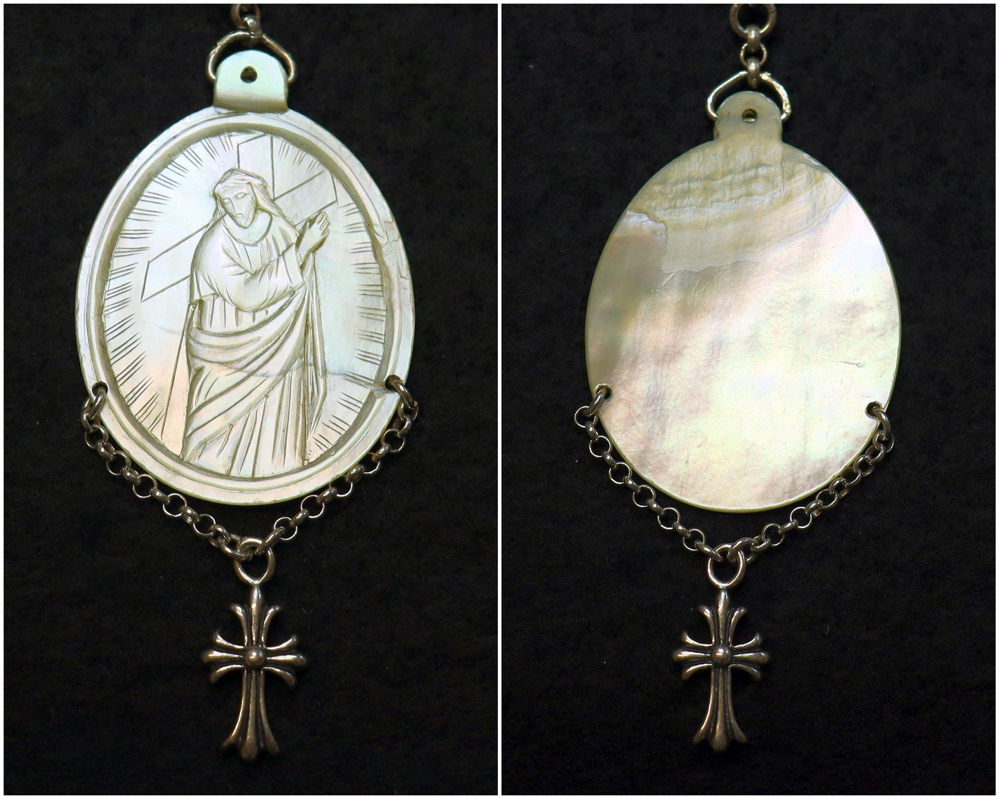 Antique Mother of Pearl Chaplet: Sterling Silver Cross, Janus Memento Mori, 1916