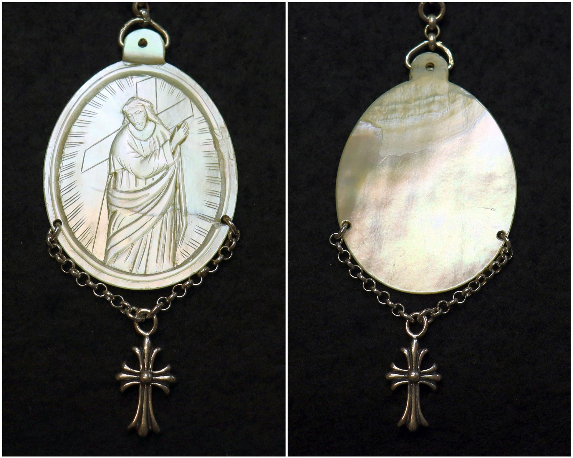 Antique Mother of Pearl Chaplet: Sterling Silver Cross, Janus Memento Mori, 1916